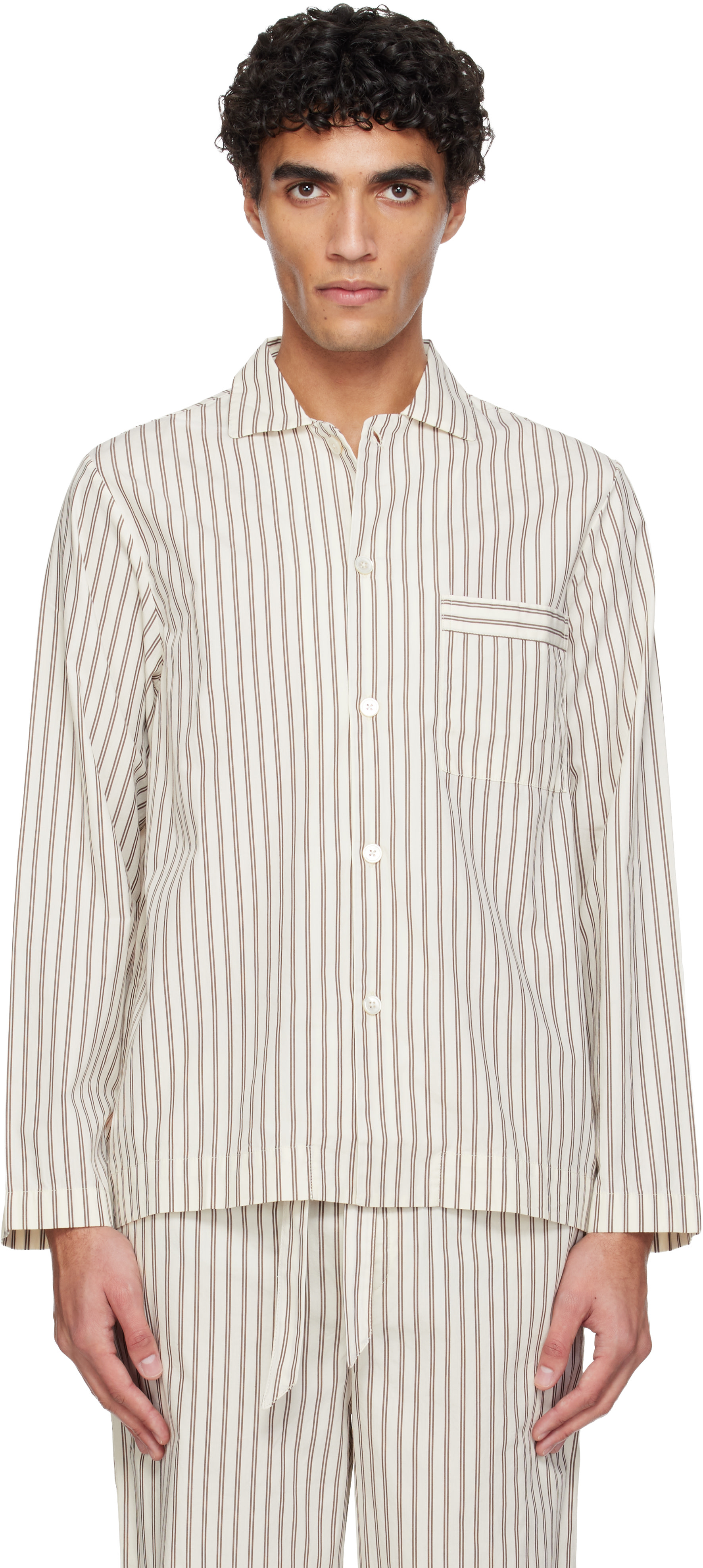 Tekla - White & Brown Poplin Long-Sleeved Pyjama Shirt