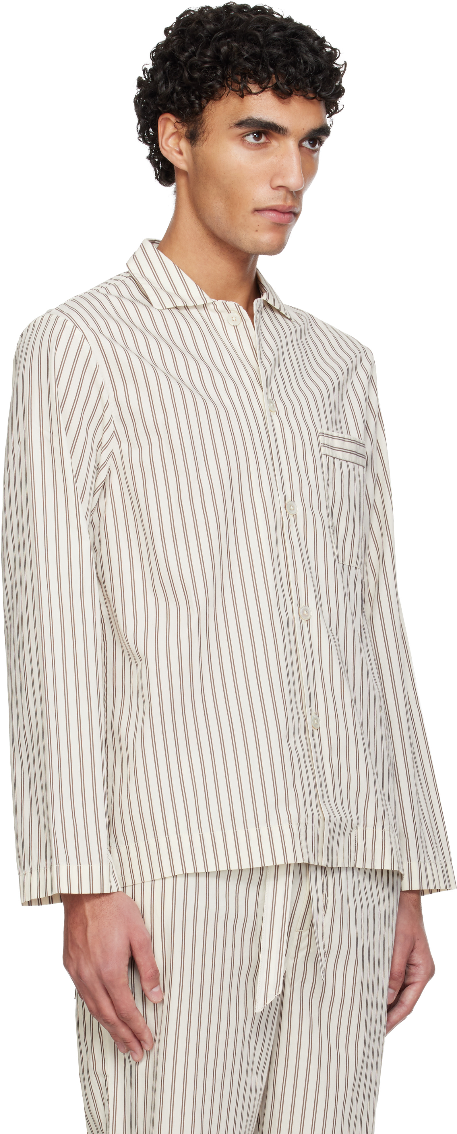 Tekla - White & Brown Poplin Long-Sleeved Pyjama Shirt