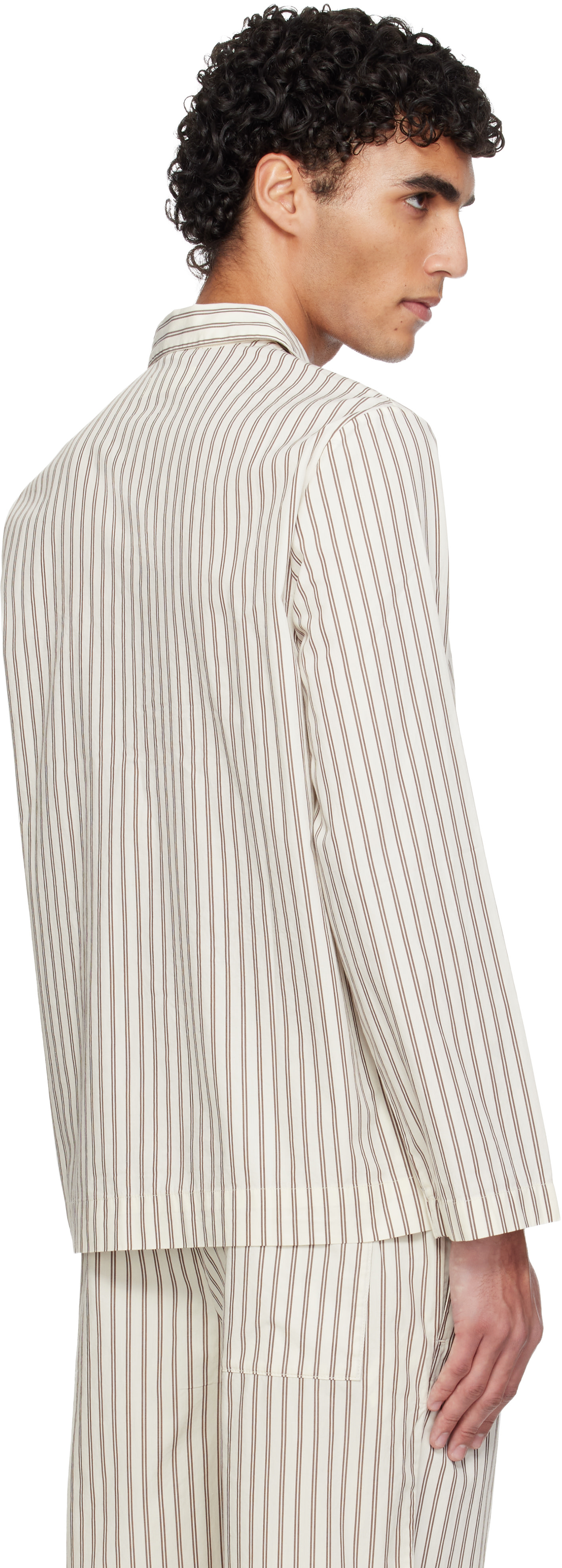 Tekla - White & Brown Poplin Long-Sleeved Pyjama Shirt