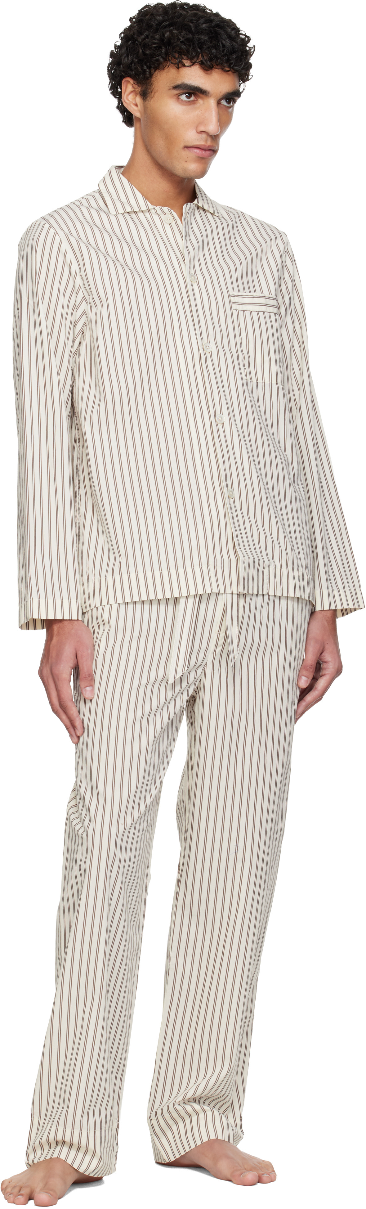 Tekla - White & Brown Poplin Long-Sleeved Pyjama Shirt