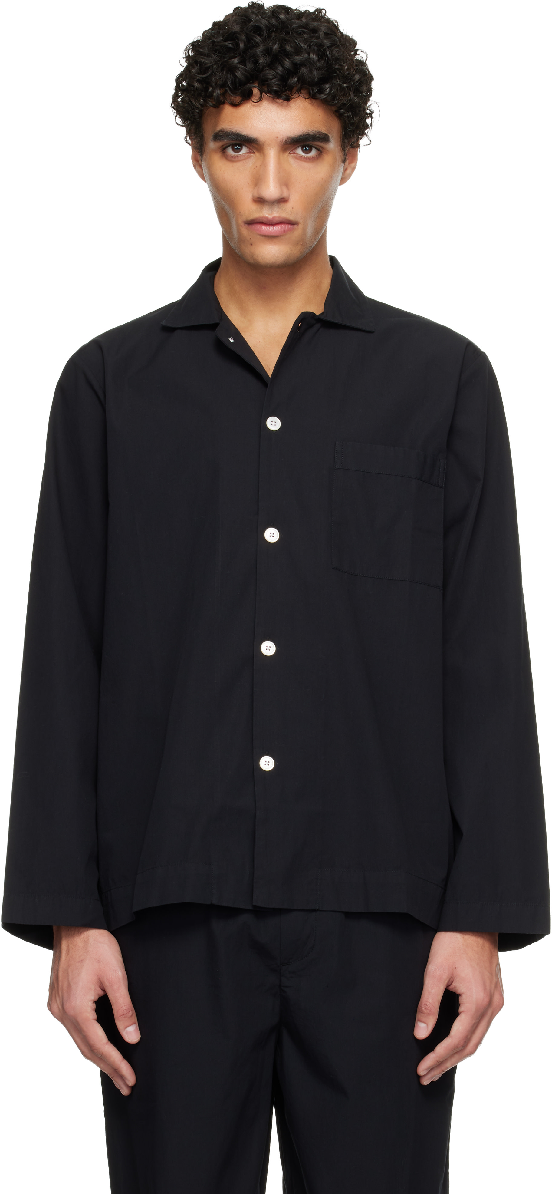 Tekla - Black Poplin Long-Sleeved Pyjama Shirt