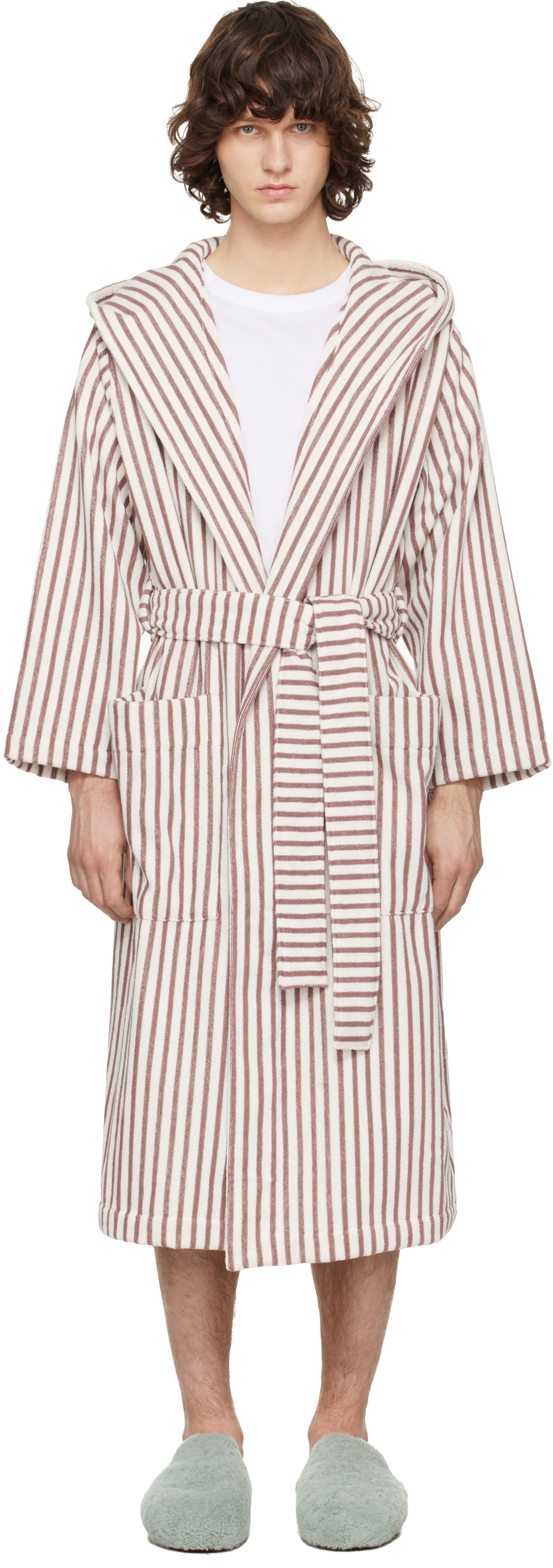 Tekla - Off-White & Burgundy Terry Hooded Bathrobe
