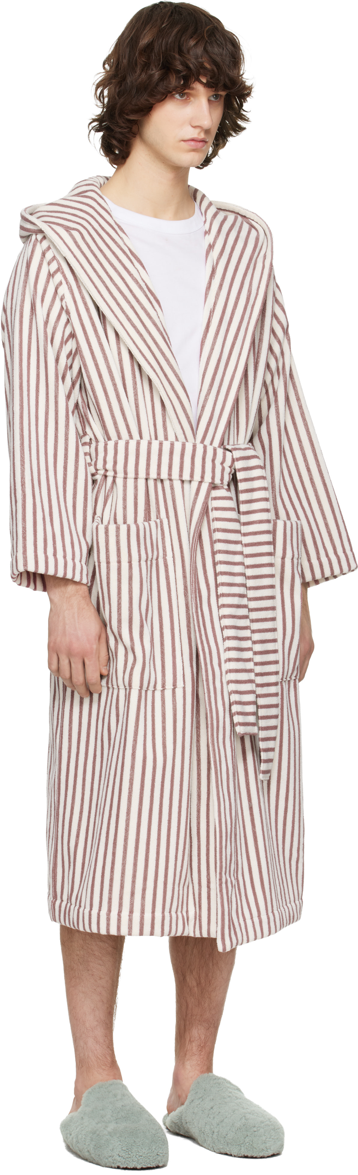 Tekla - Off-White & Burgundy Terry Hooded Bathrobe