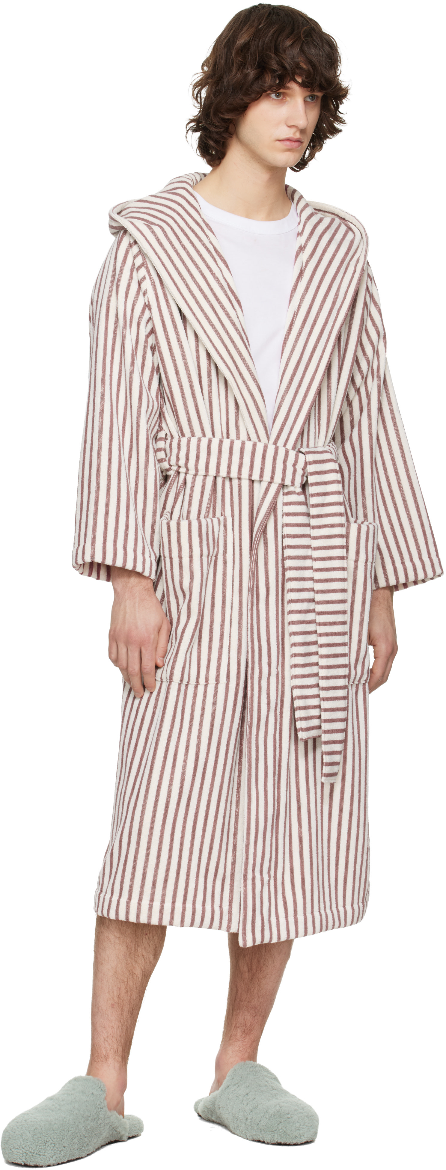 Tekla - Off-White & Burgundy Terry Hooded Bathrobe