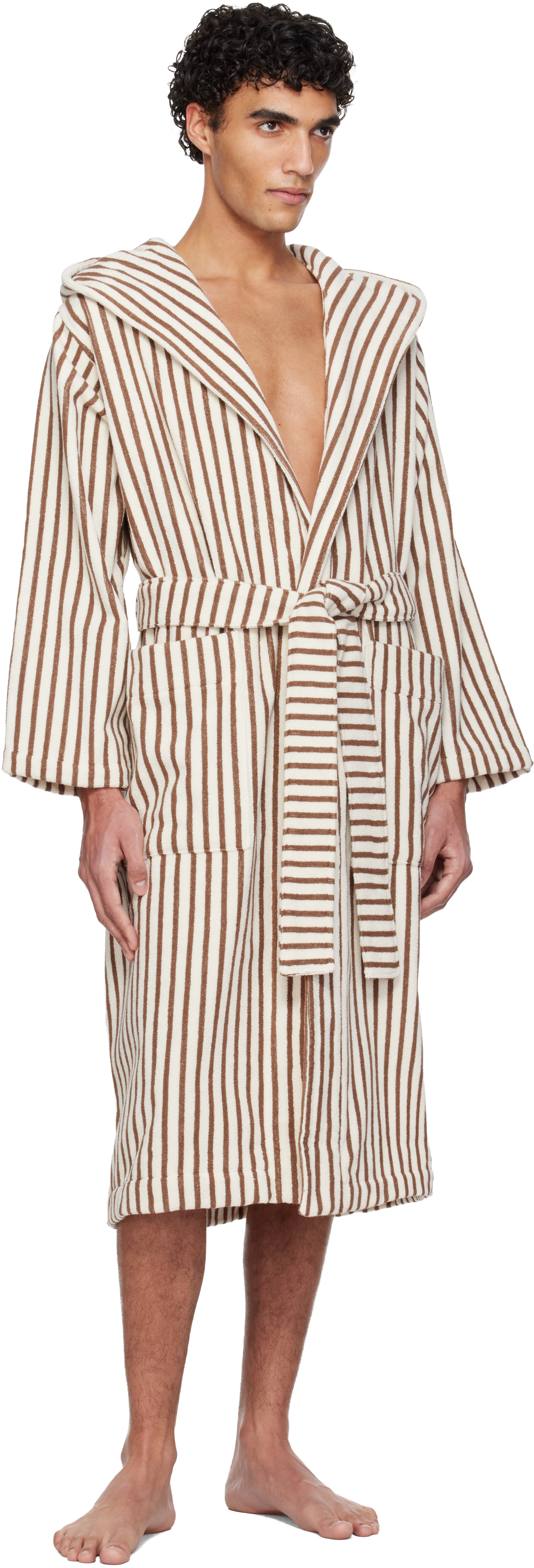 Tekla - Off-White & Brown Terry Hooded Bathrobe