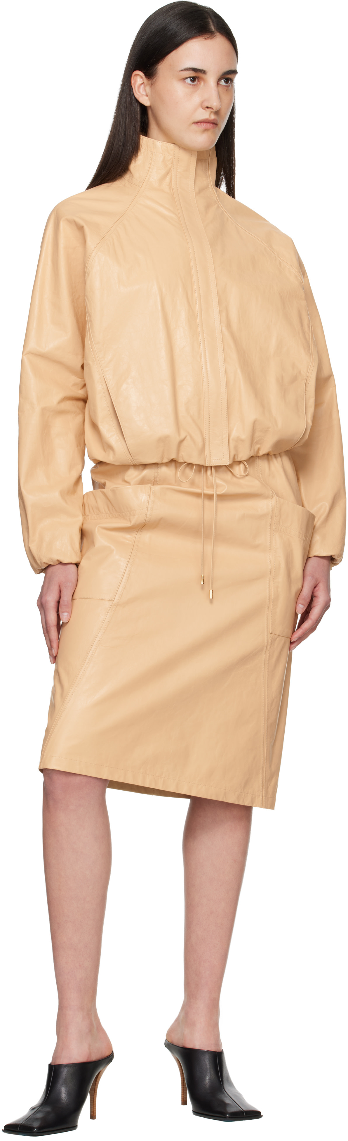 ALAÏA: Beige Pencil Calfskin Midi Skirt | SSENSE Canada