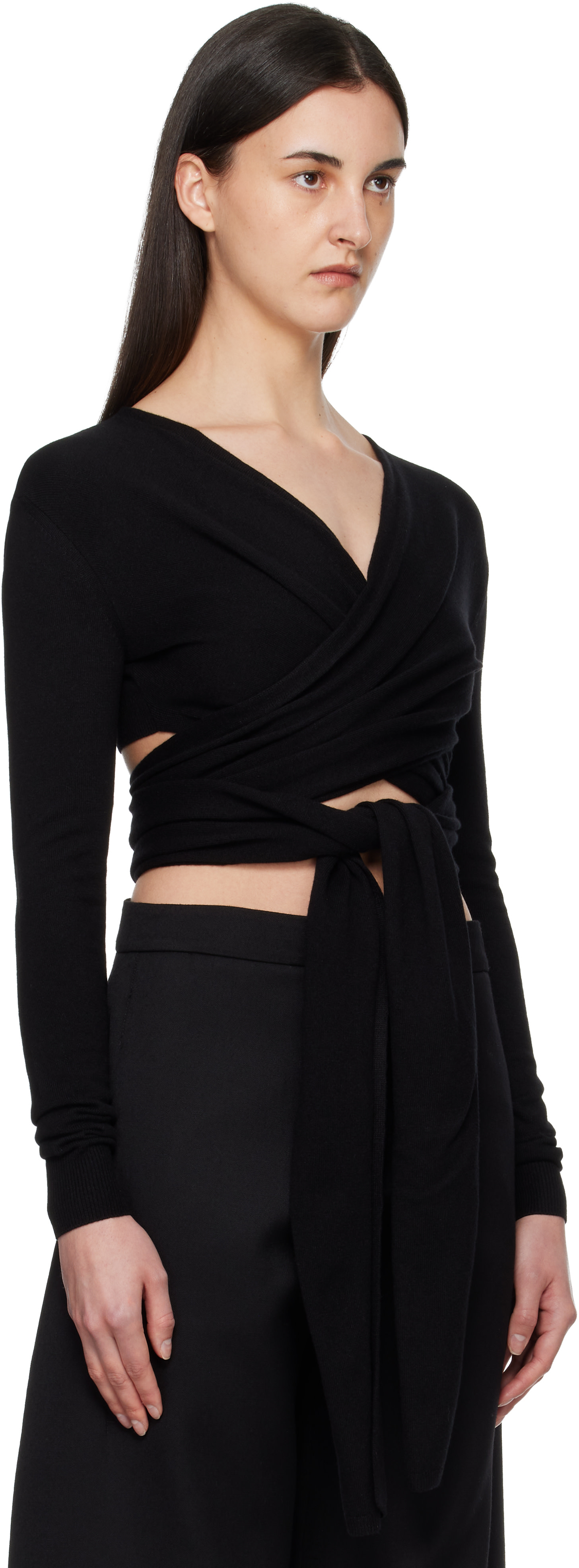 ALAÏA - Pull noir en cachemire à attache à nouer