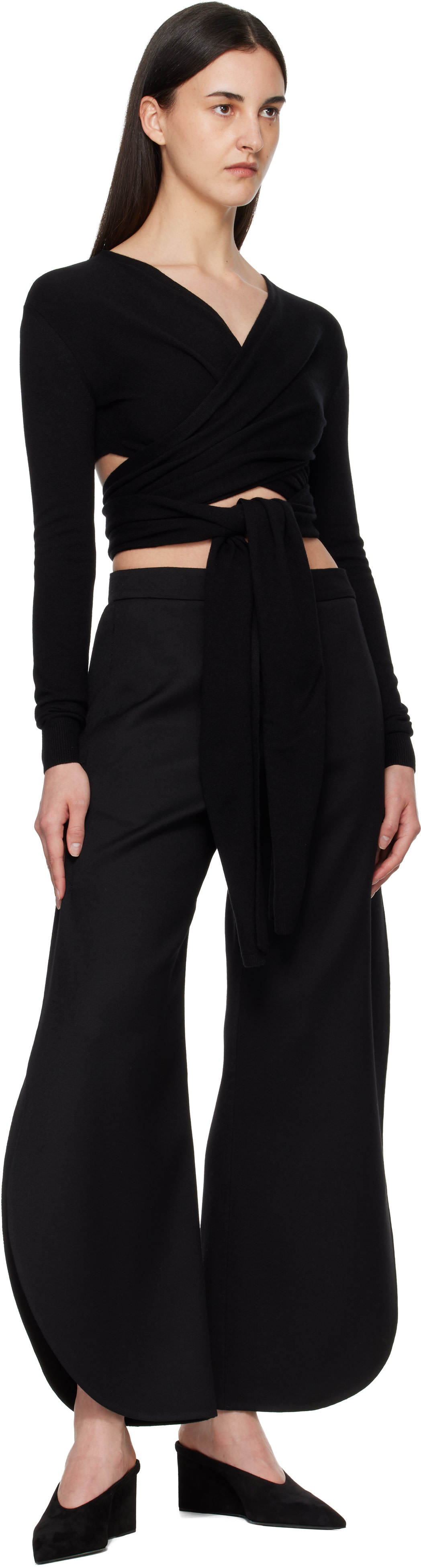 ALAÏA - Pull noir en cachemire à attache à nouer
