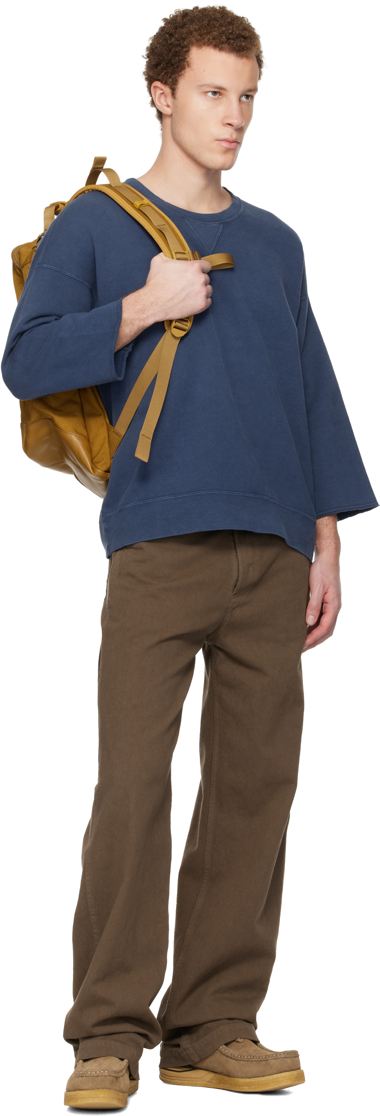 visvim - Pull molletonné surdimensionné bleu à manches trois-quart