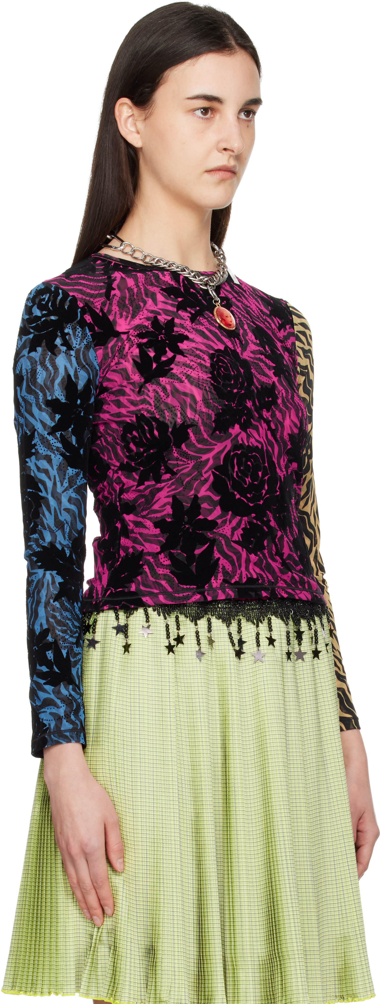 chopova lowena ブルー　トップス　メッシュ Chopova Lowena: Multicolor Totally Tiger Flocked Mesh Top | SSENSE