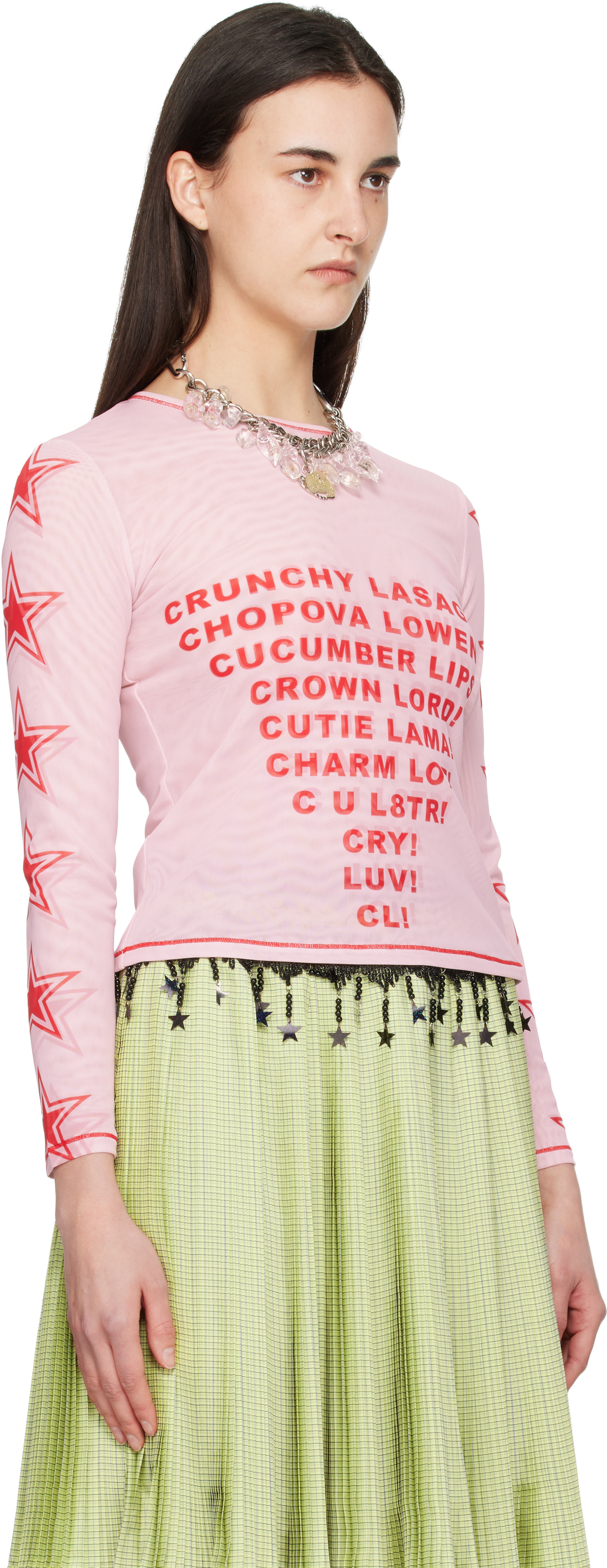 Chopova Lowena: Pink 'Crunchy Lasagna' Fitted Mesh Top | SSENSE