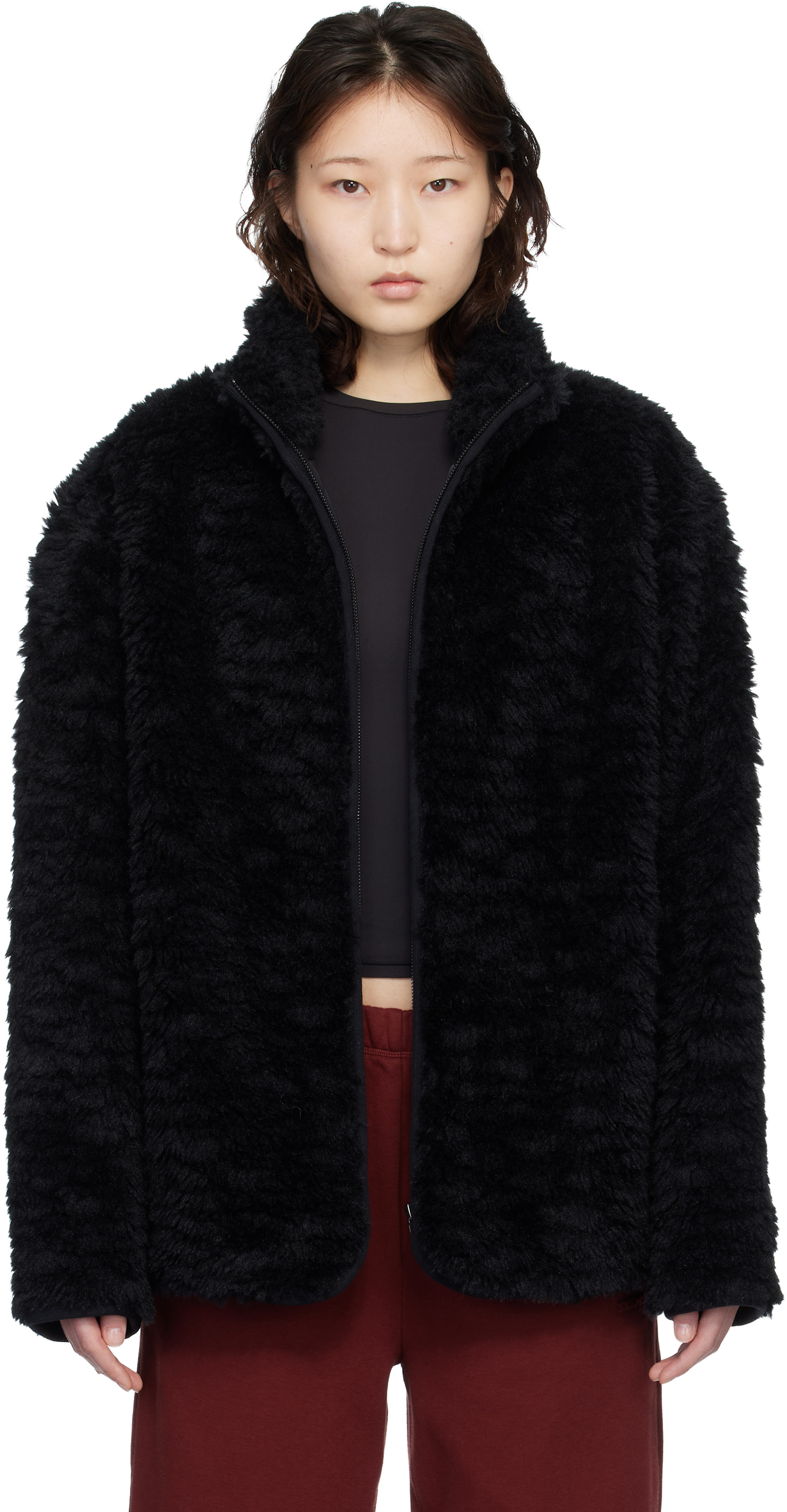 SKIMS: Black Faux Fur Oversized Mock Neck Jacket | SSENSE Canada