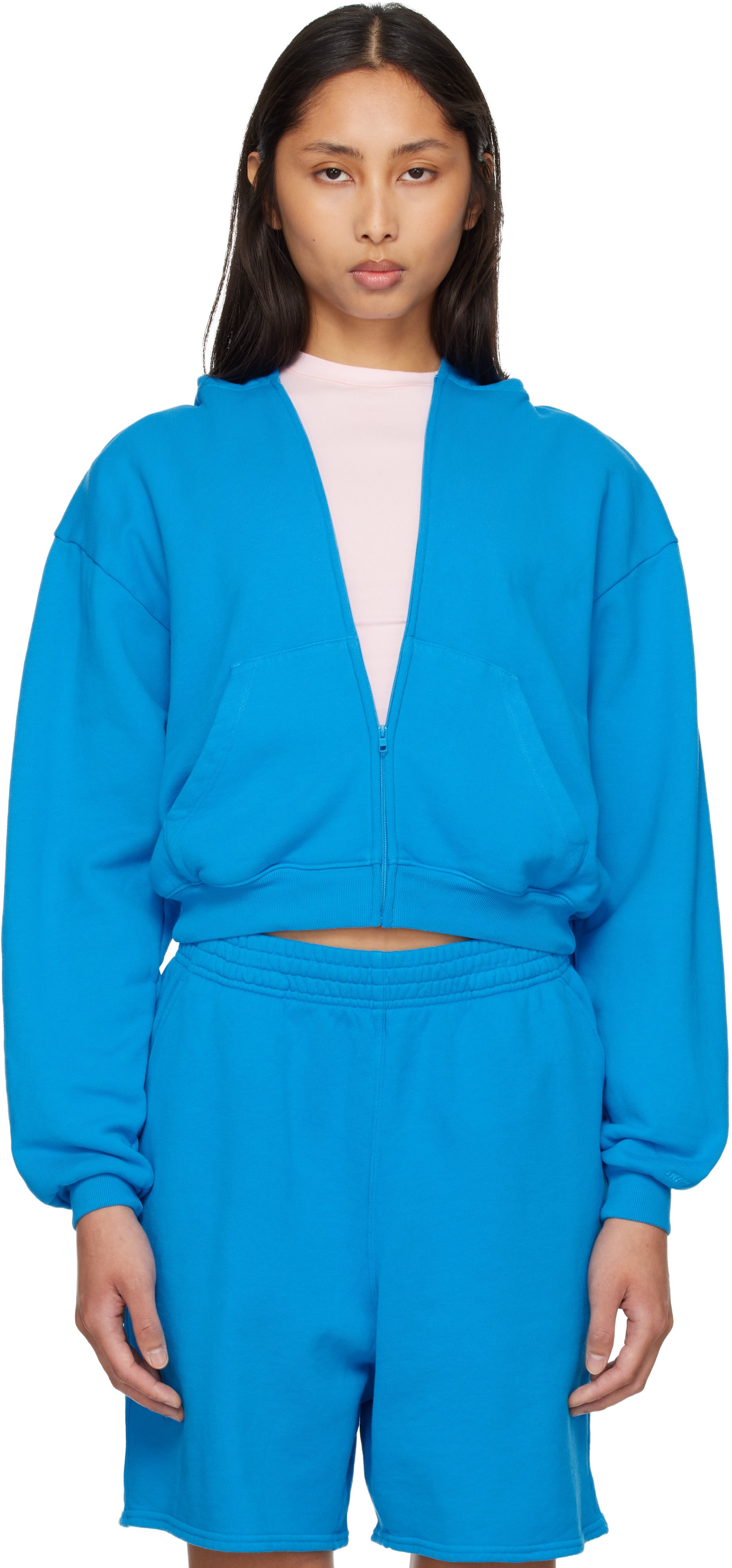 SKIMS - Pull à capuche bleu en jersey bouclette à glissière