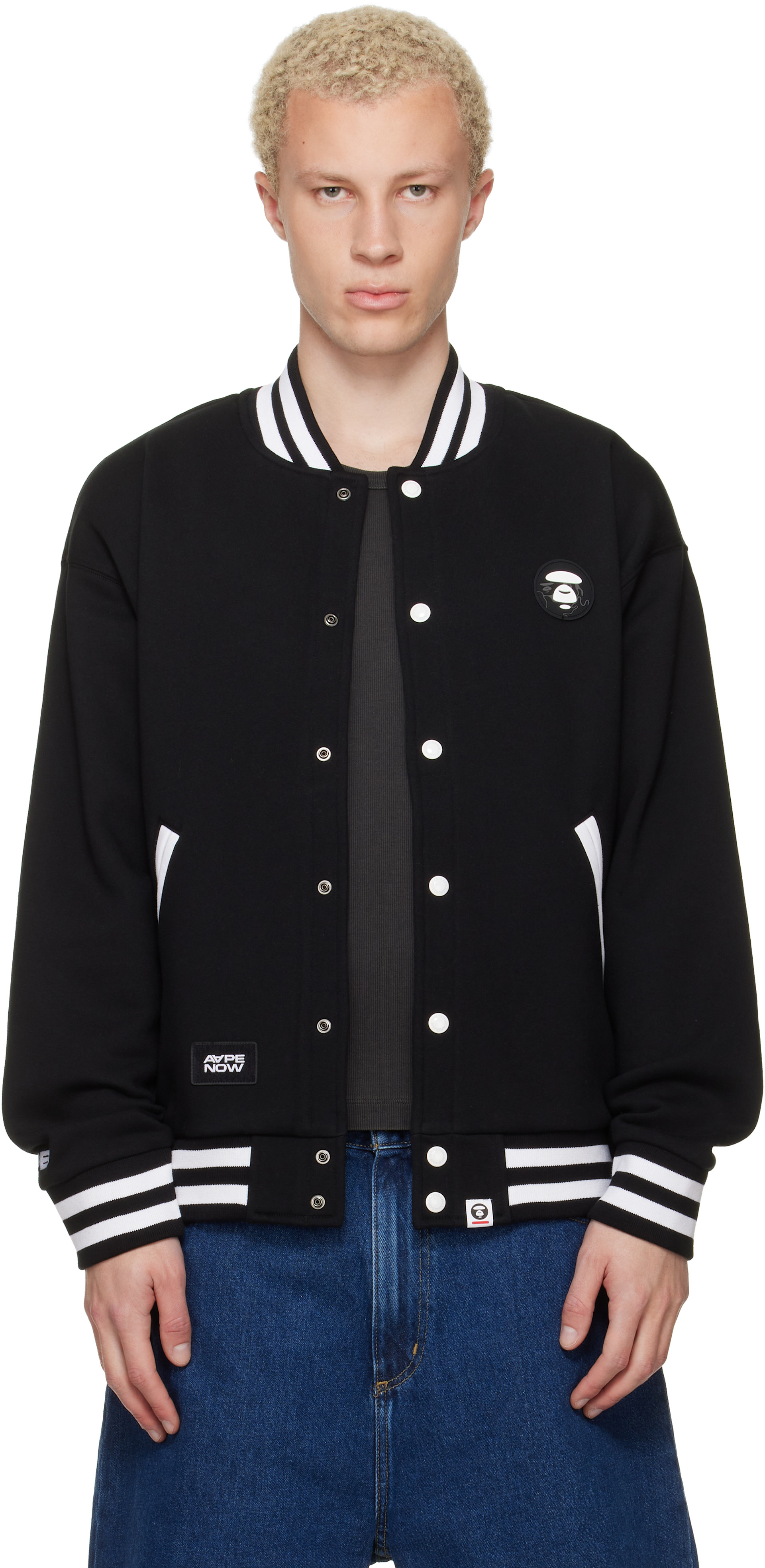 AAPE by A Bathing Ape: Black 'AAPENOW' Moonface Varsity Jacket