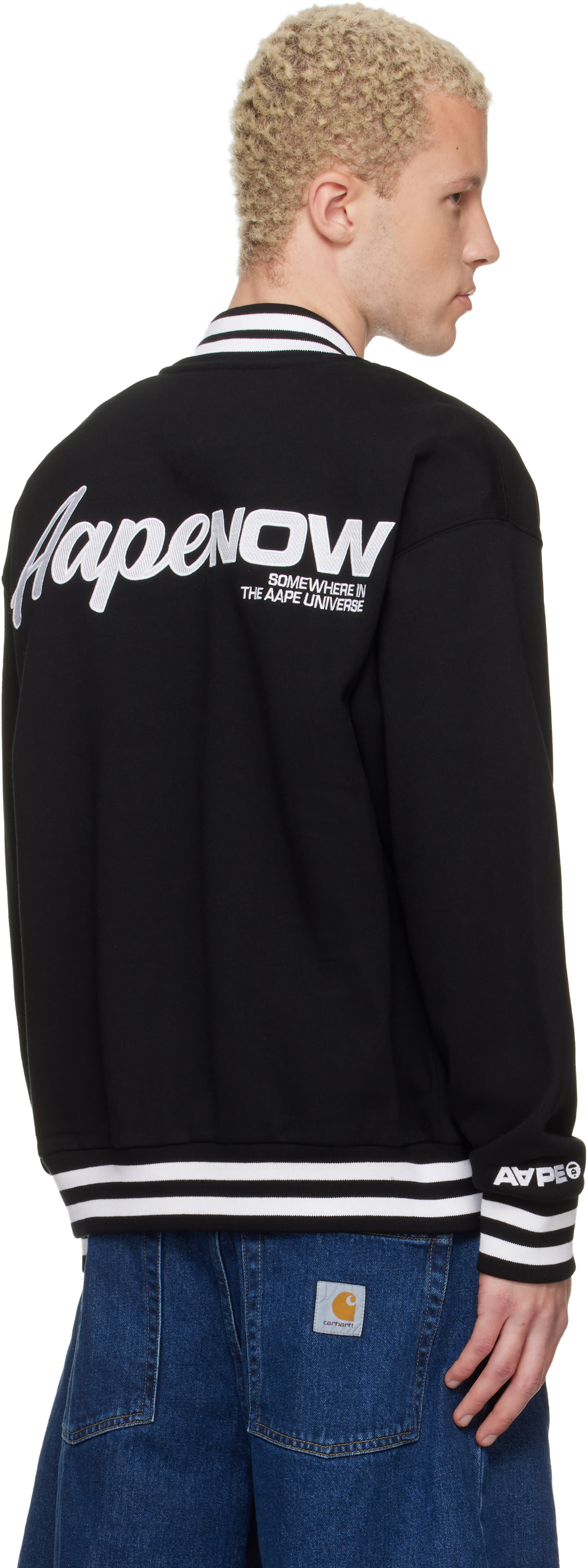 AAPE by A Bathing Ape: Black 'AAPENOW' Moonface Varsity Jacket