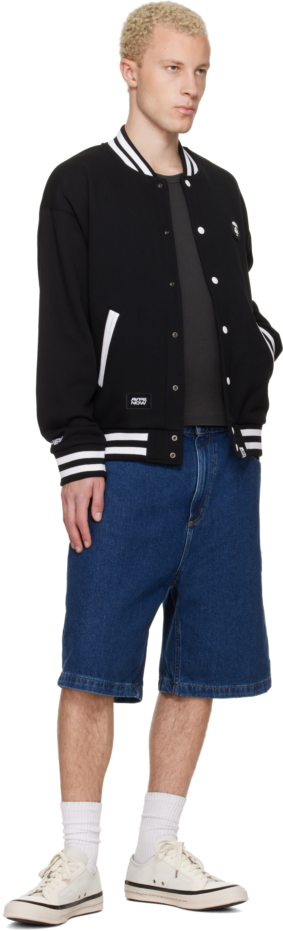 AAPE by A Bathing Ape: Black 'AAPENOW' Moonface Varsity Jacket
