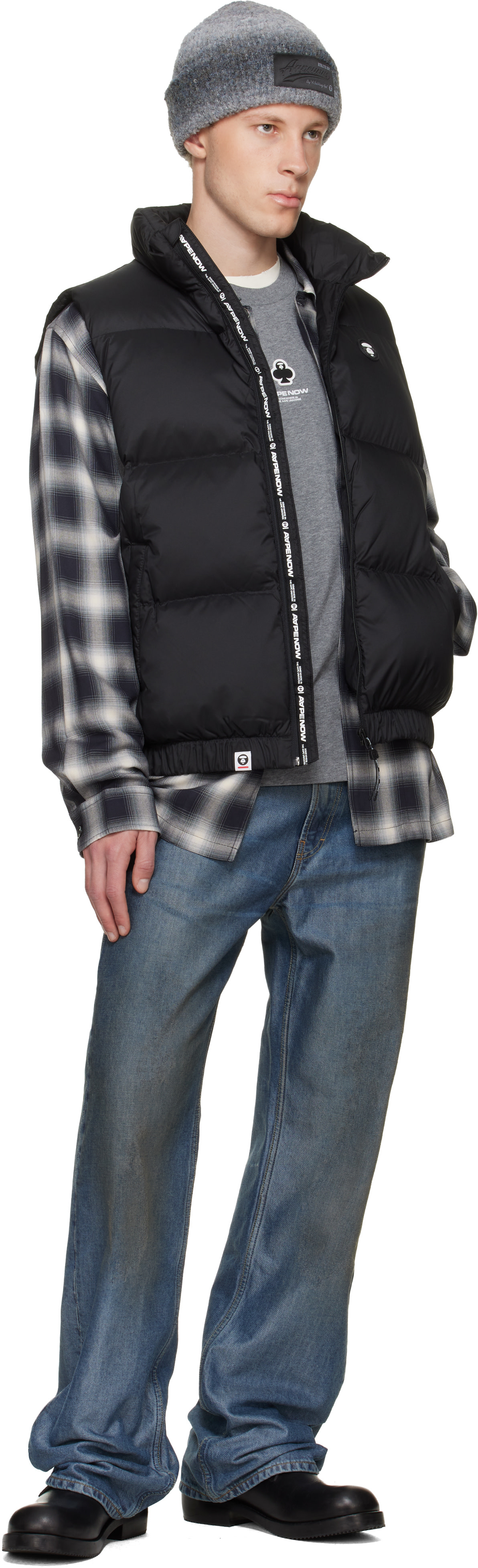 AAPE by A Bathing Ape: Black 'AAPENOW' Moonface Down Vest | SSENSE