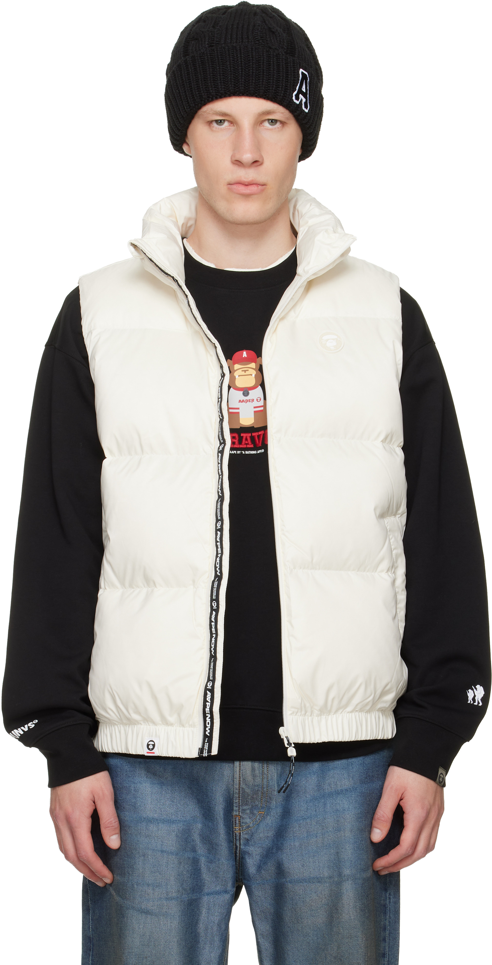 AAPE by A Bathing Ape: White 'AAPENOW' Moonface Down Vest | SSENSE