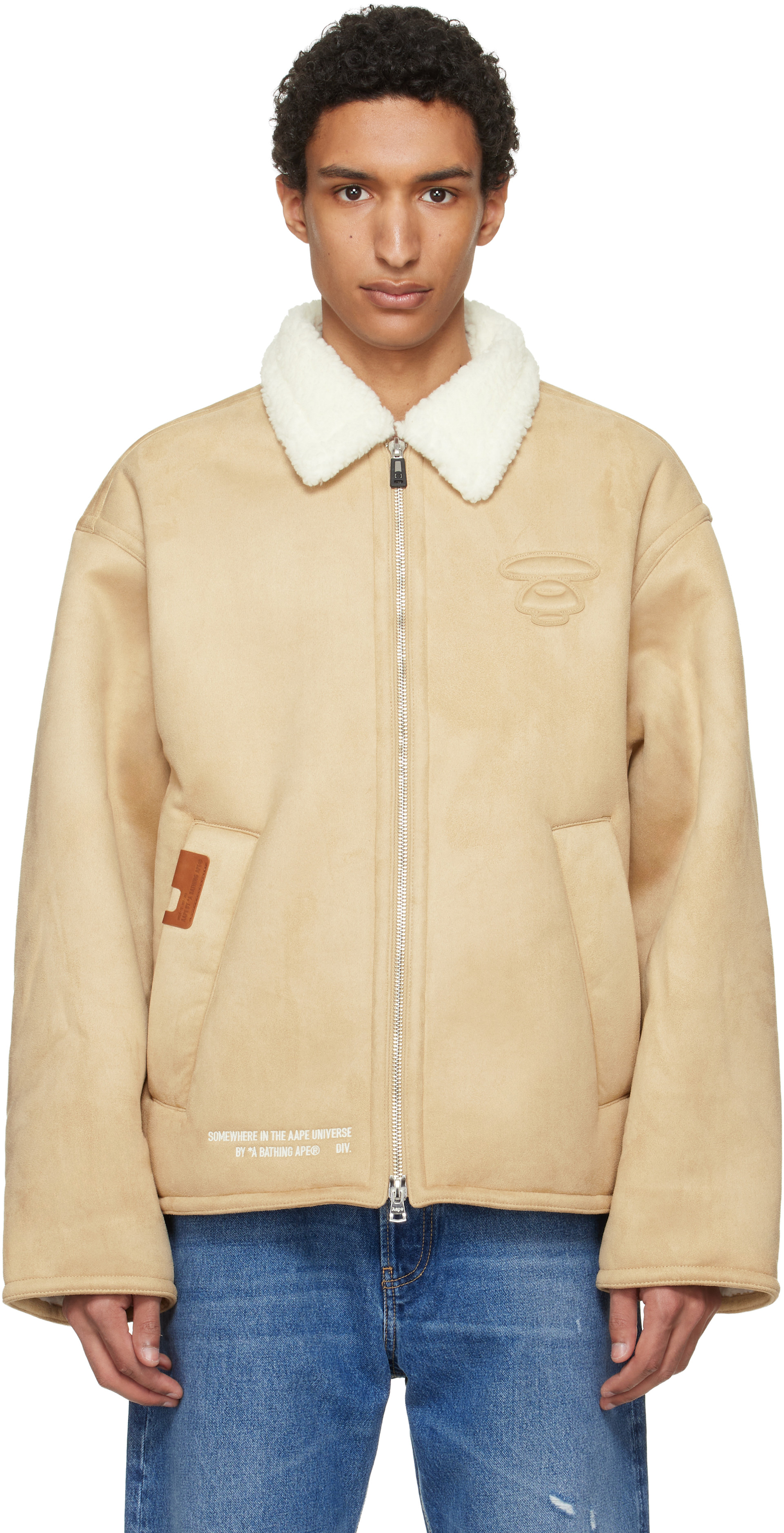 AAPE by A Bathing Ape: Beige Main Faux-Suede Jacket | SSENSE