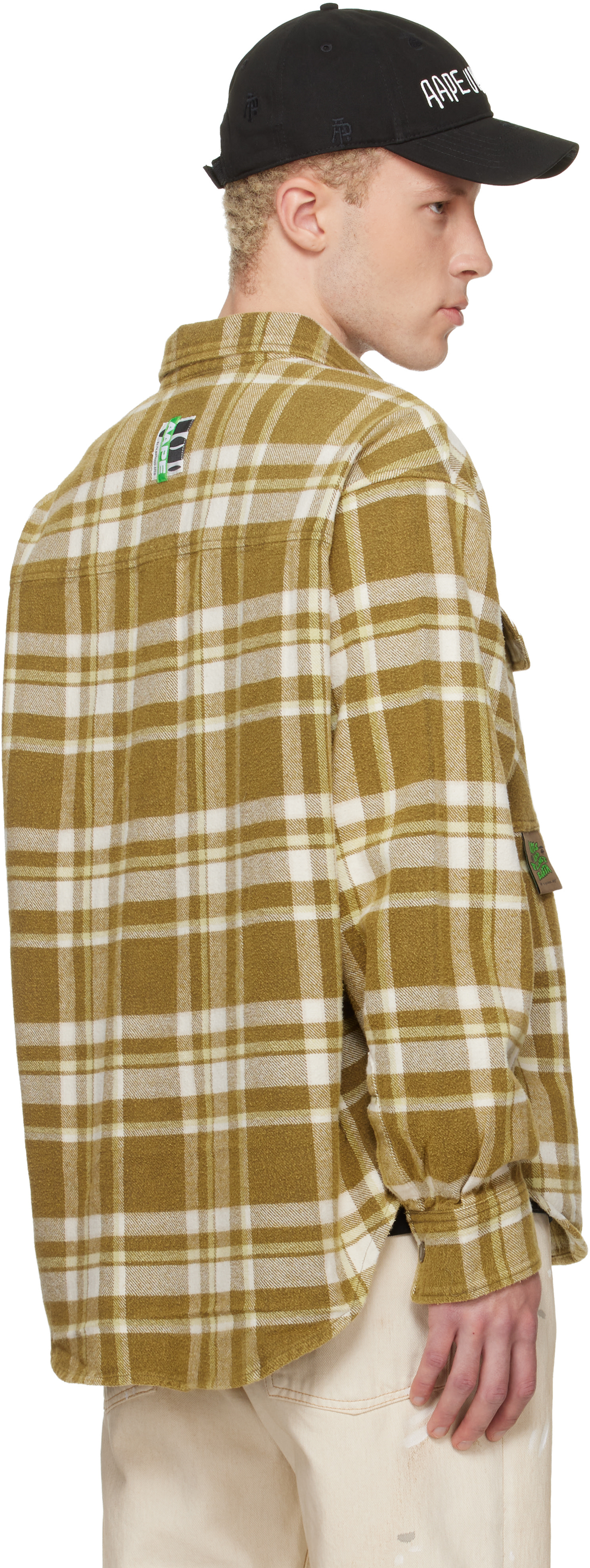 AAPE by A Bathing Ape: Khaki Moonface Check Long Sleeve Shirt | SSENSE
