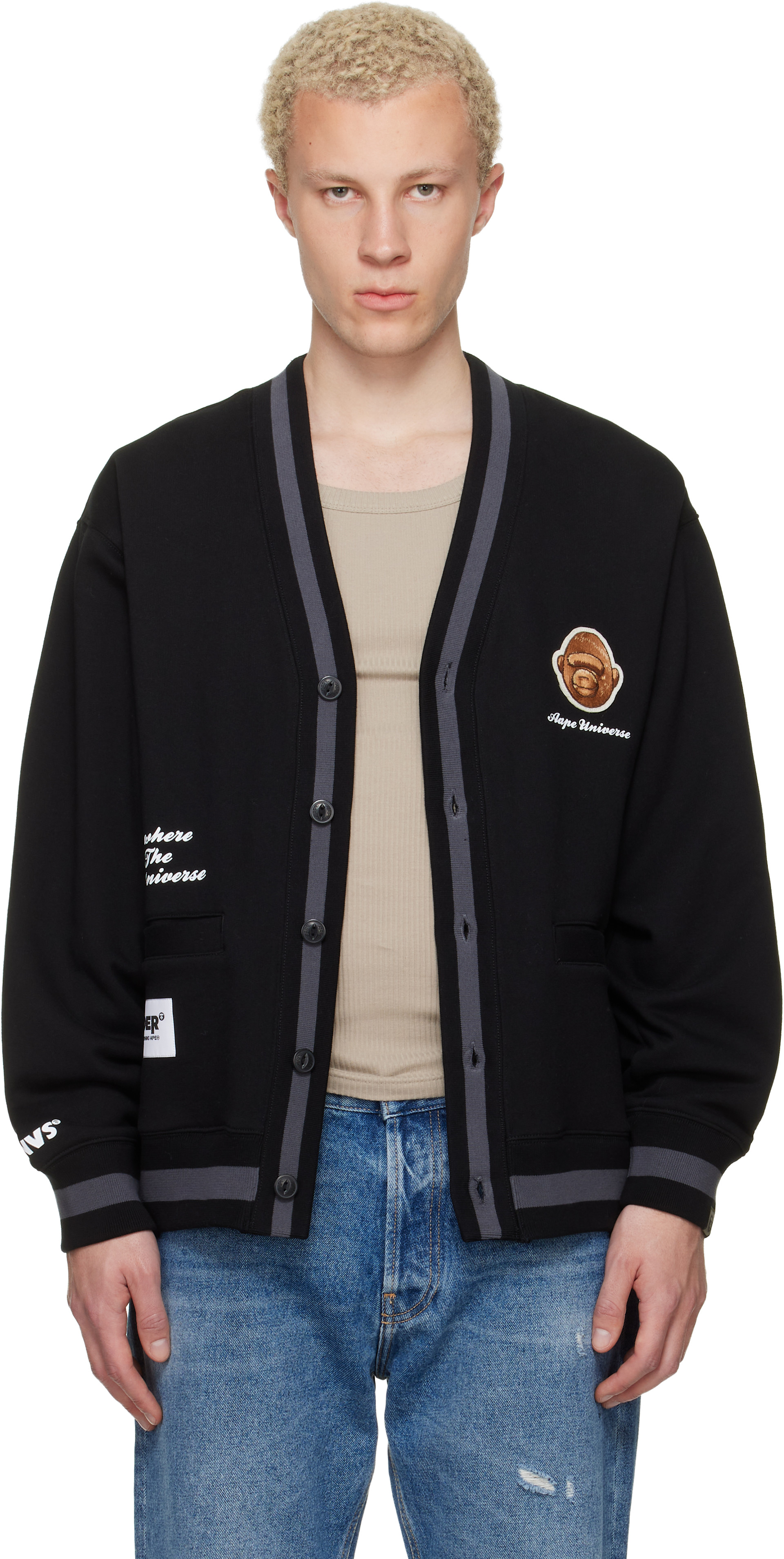 AAPE by A Bathing Ape: Black 'AAPER' Button Down Cardigan | SSENSE