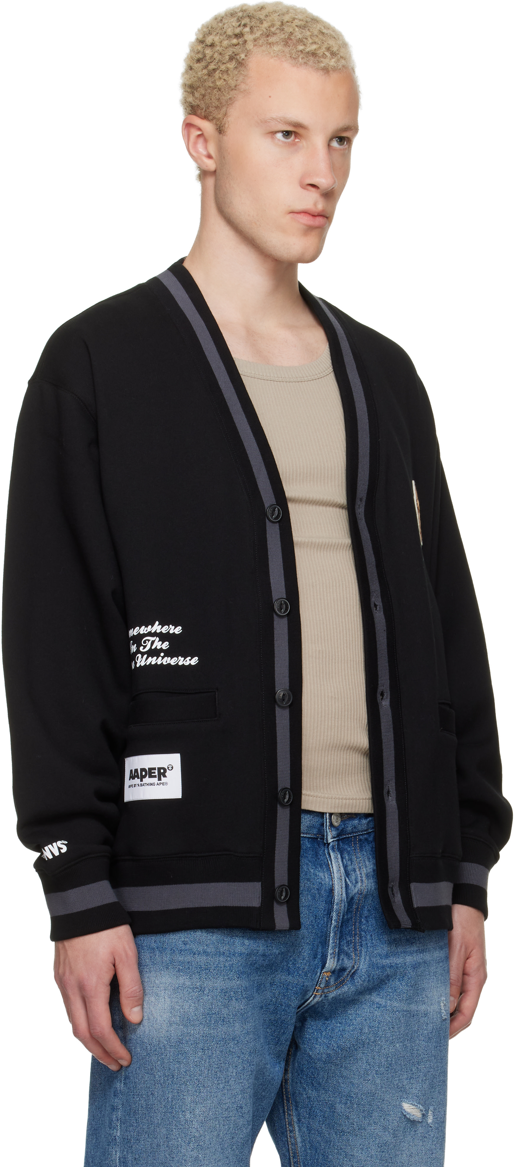 AAPE by A Bathing Ape: Black 'AAPER' Button Down Cardigan | SSENSE