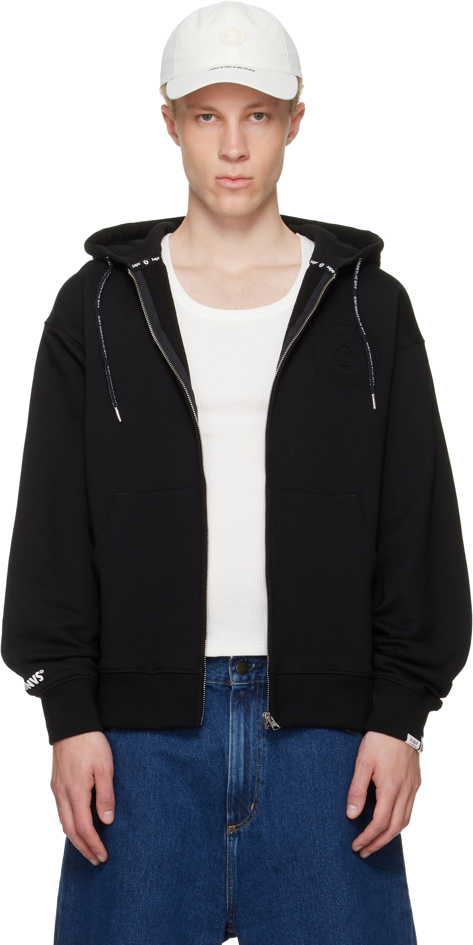 AAPE by A Bathing Ape - Pull à capuche noir à glissière et à logo Moonface