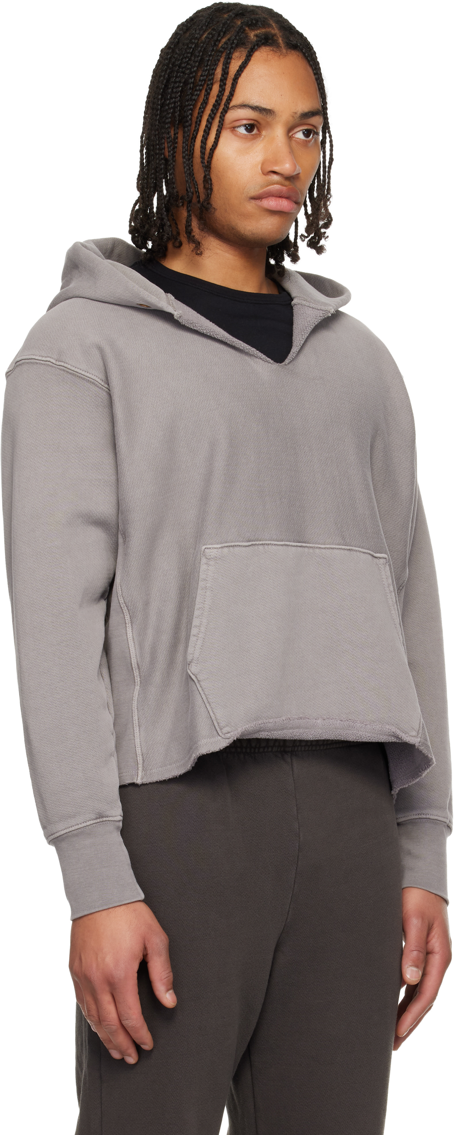 Les Tien - Pull à capuche écourté épais gris à bords bruts