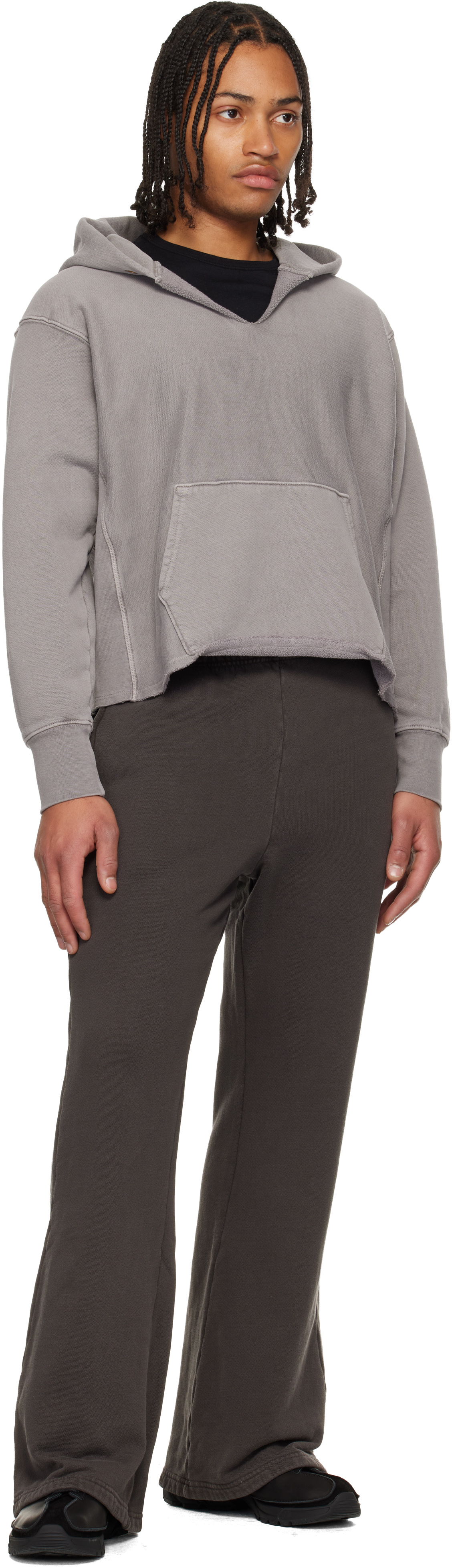 Les Tien - Pull à capuche écourté épais gris à bords bruts
