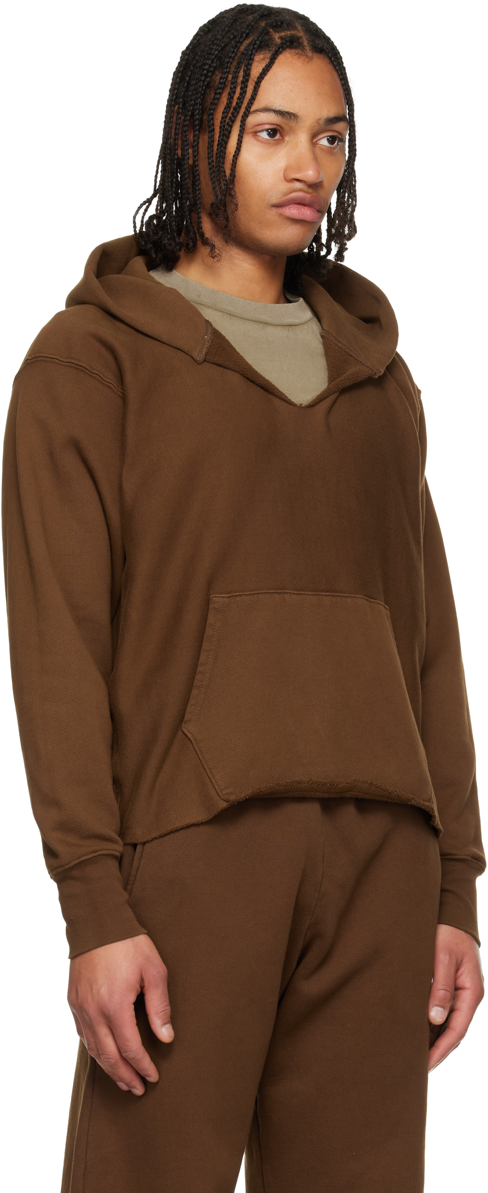 Les Tien: Brown Heavyweight Raw Cropped Hoodie | SSENSE