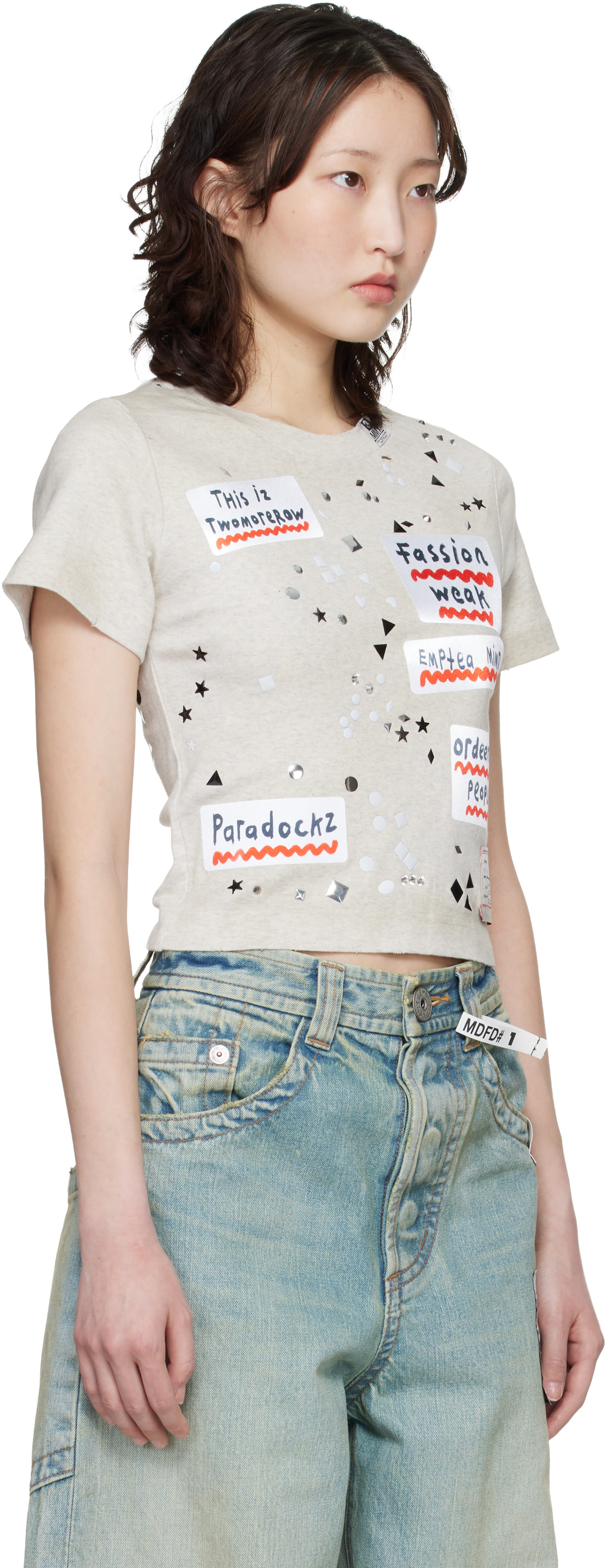 Maison MIHARA YASUHIRO: Taupe Embellished Sticker Mini T-shirt