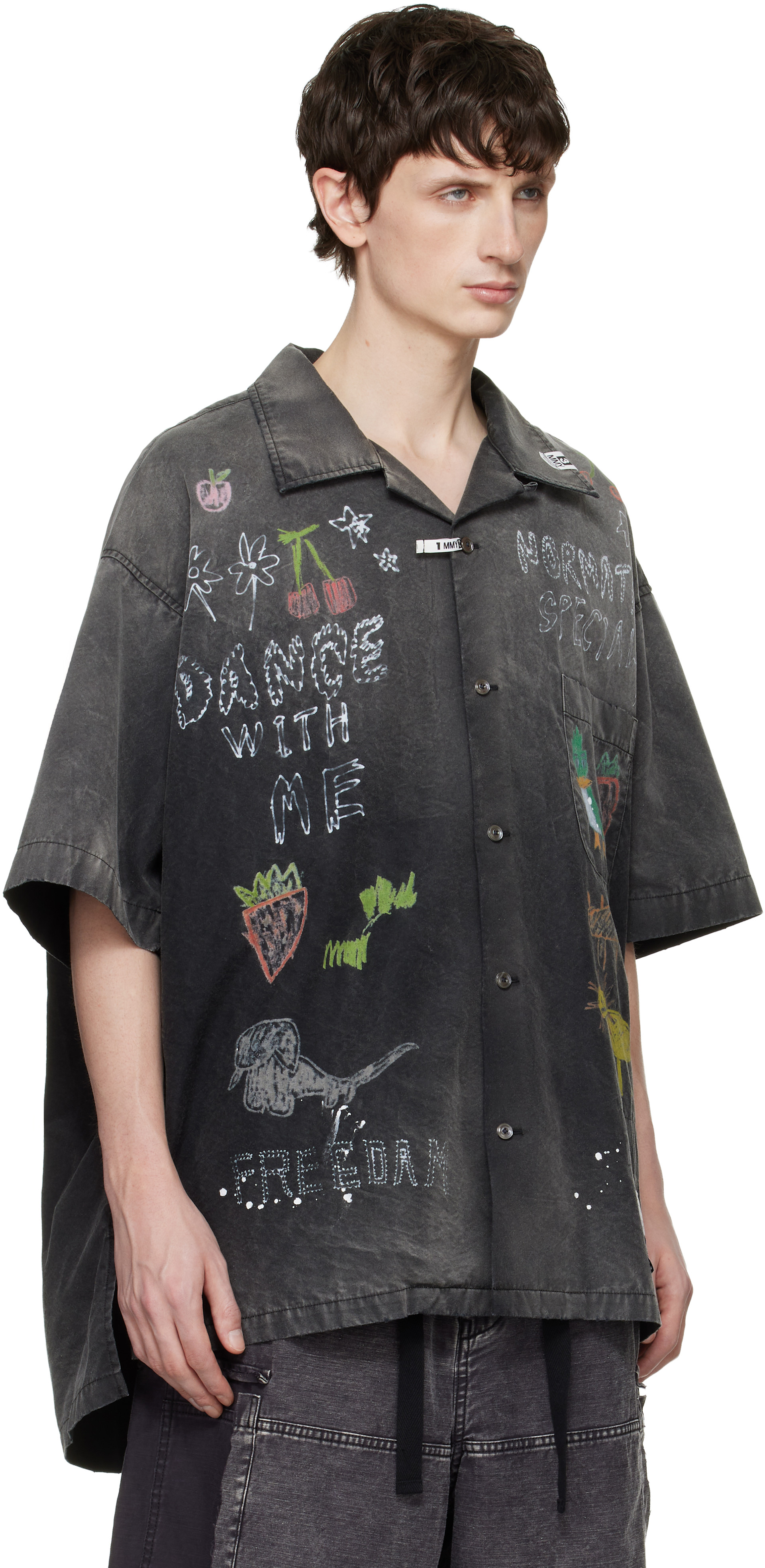 maison mihara yasuhiro シャツ　フェード　シール　黒 Maison MIHARA YASUHIRO: Black Hand Drawing Print Shirt | SSENSE