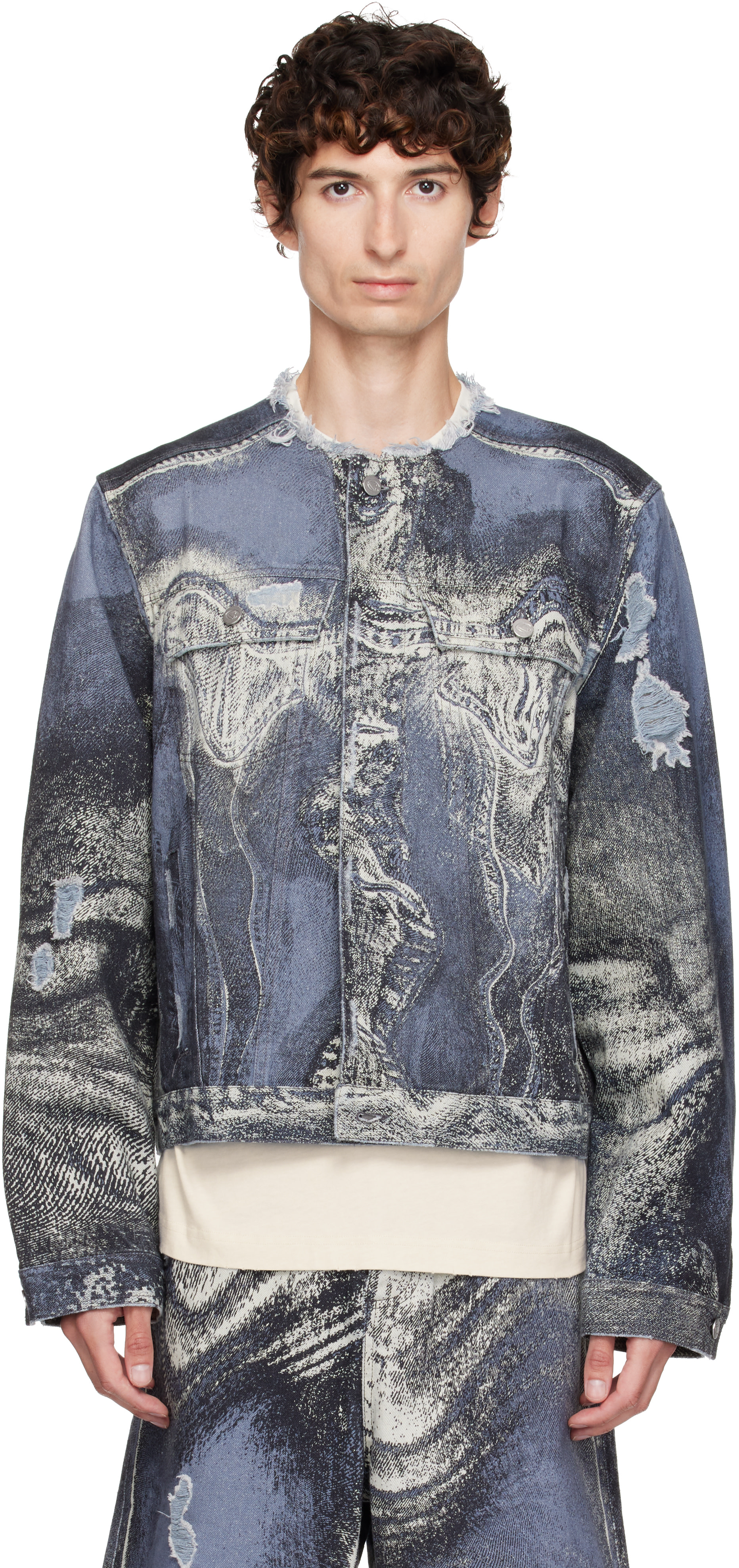 CAMPERLAB - Blue Distorted Print Distressed Denim Jacket