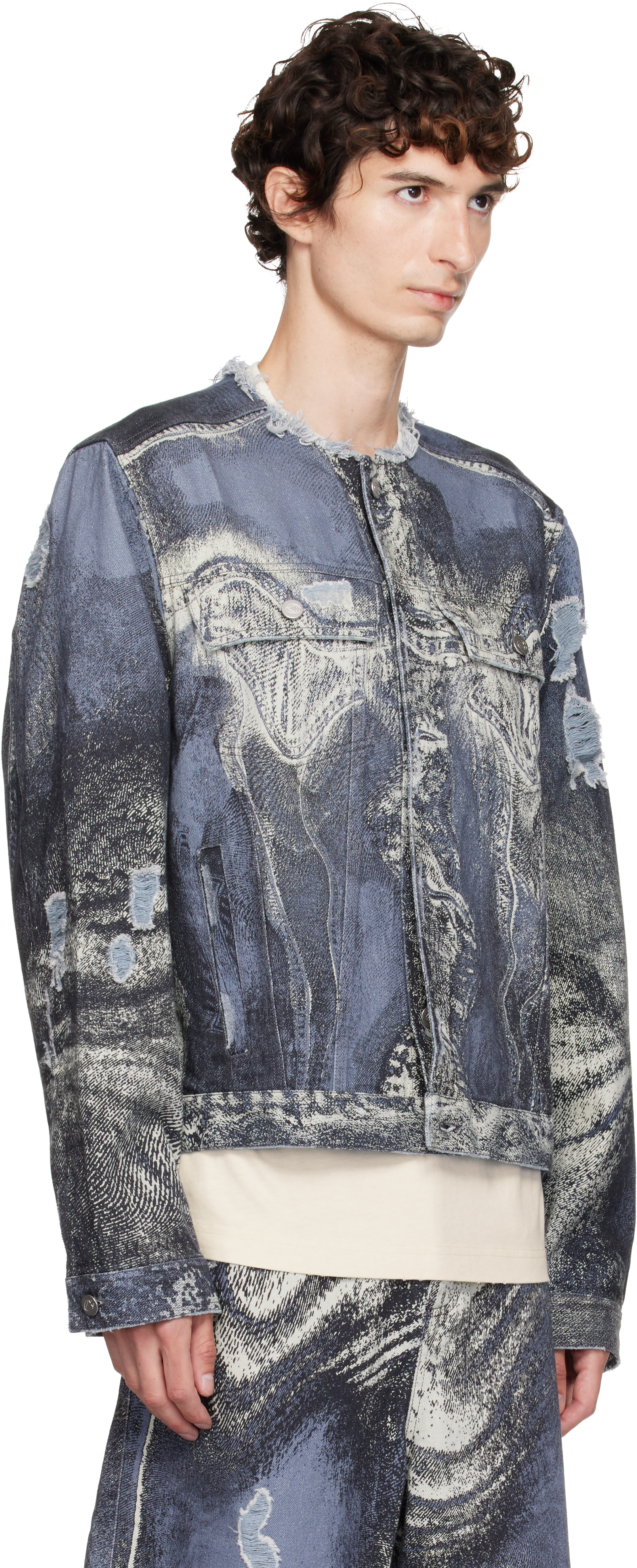 CAMPERLAB - Blue Distorted Print Distressed Denim Jacket