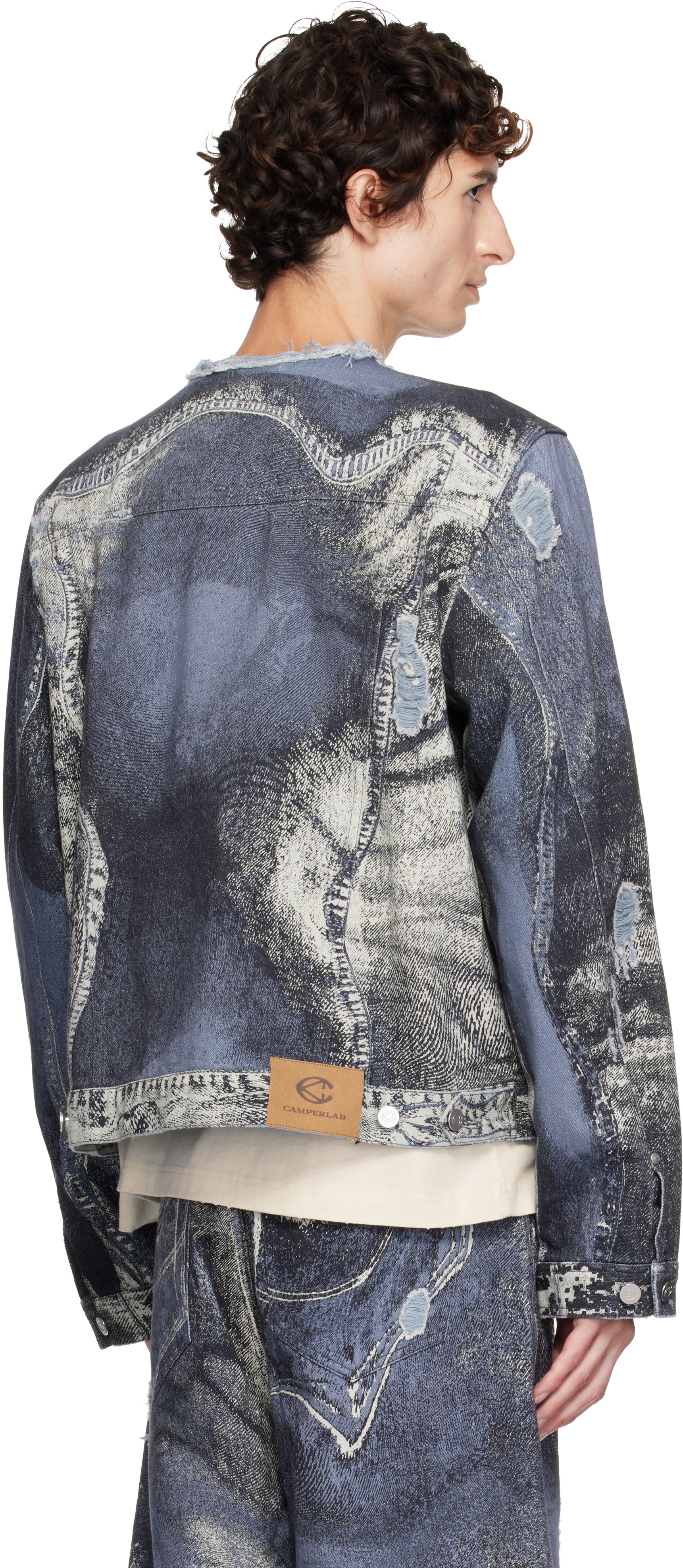 CAMPERLAB - Blue Distorted Print Distressed Denim Jacket