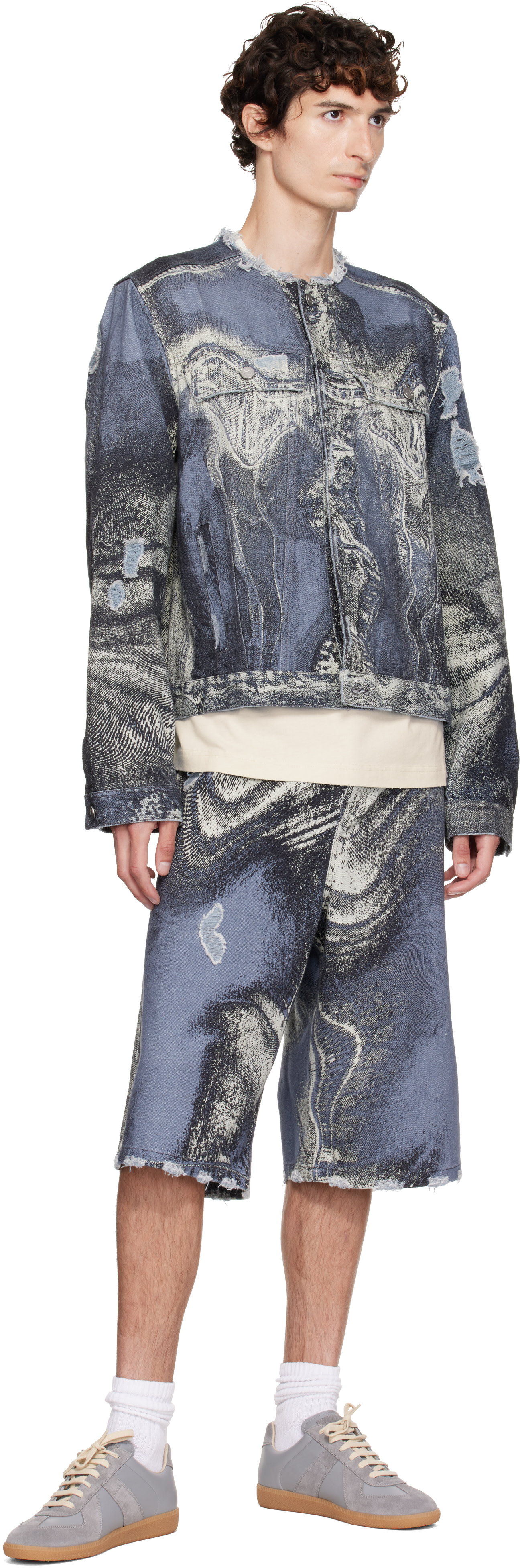 CAMPERLAB - Blue Distorted Print Distressed Denim Jacket