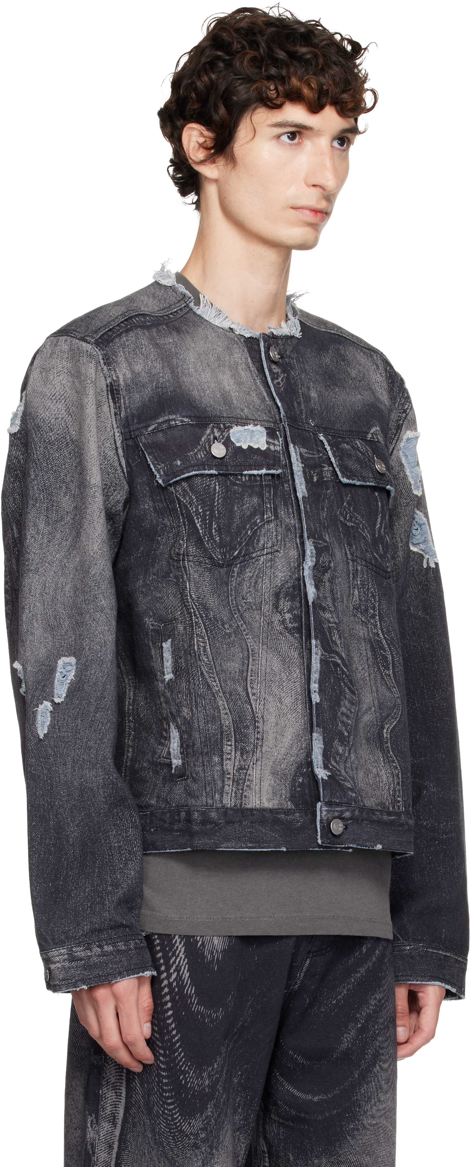 CAMPERLAB - Black Distorted Print Distressed Denim Jacket
