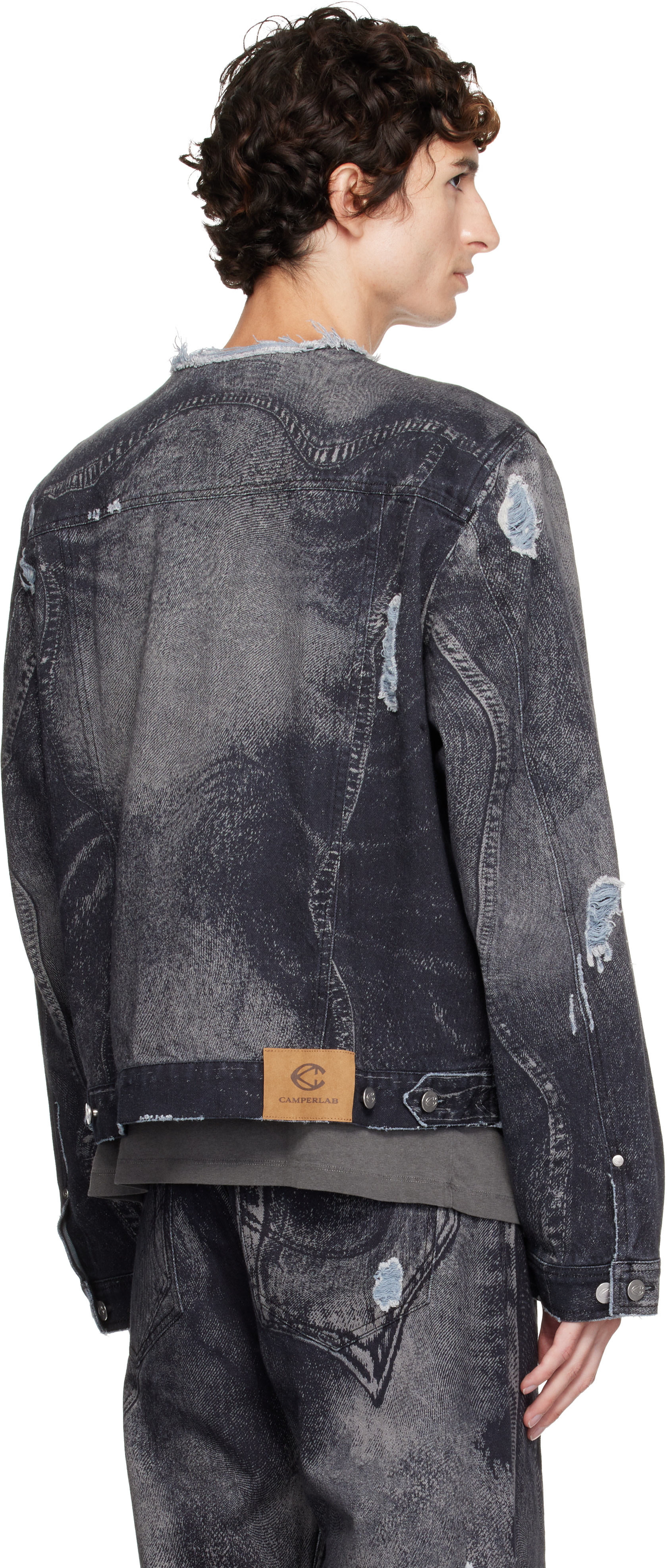 CAMPERLAB - Black Distorted Print Distressed Denim Jacket