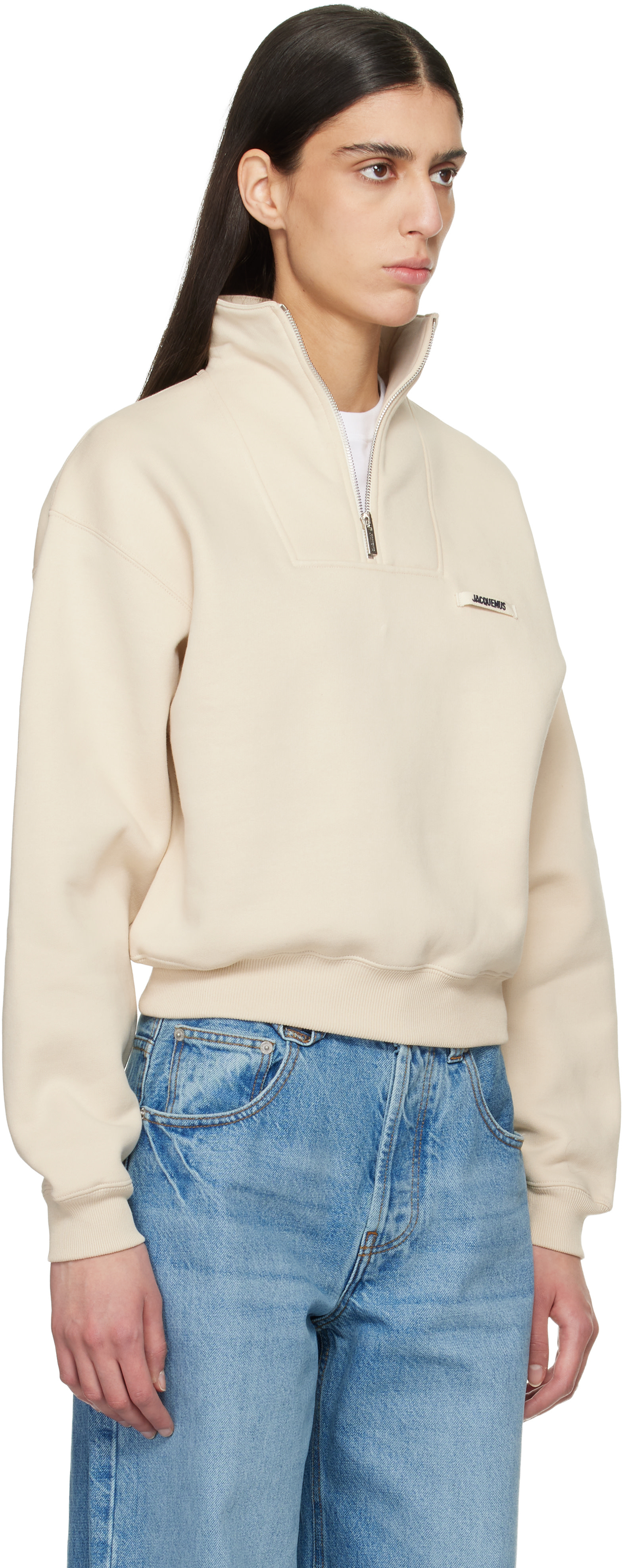 JACQUEMUS: Beige 'The Gros Grain zipped-rollneck' Sweatshirt | SSENSE