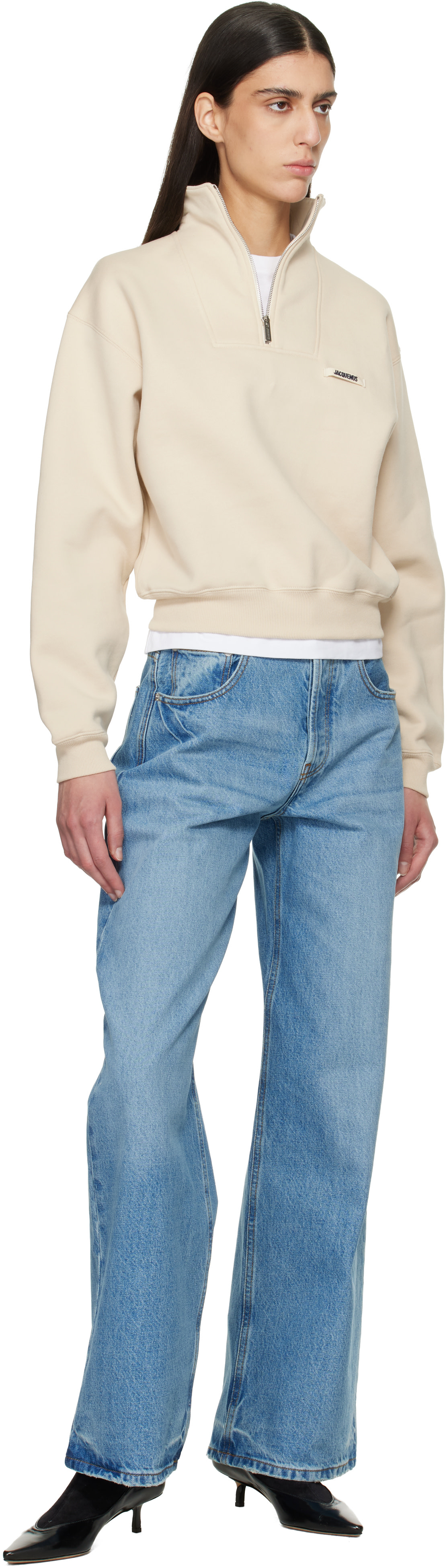 JACQUEMUS: Beige 'The Gros Grain zipped-rollneck' Sweatshirt | SSENSE