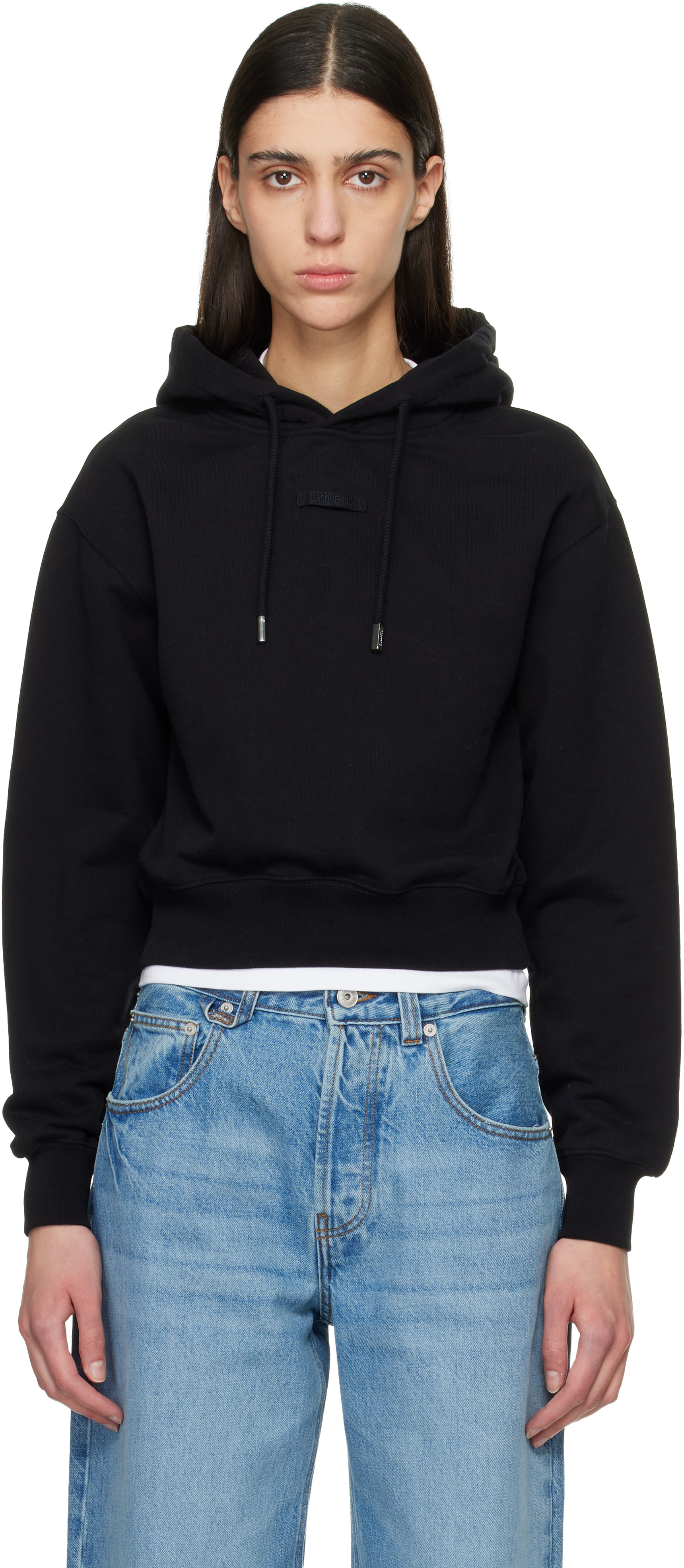 JACQUEMUS - Pull à capuche noir à écusson en gros-grain