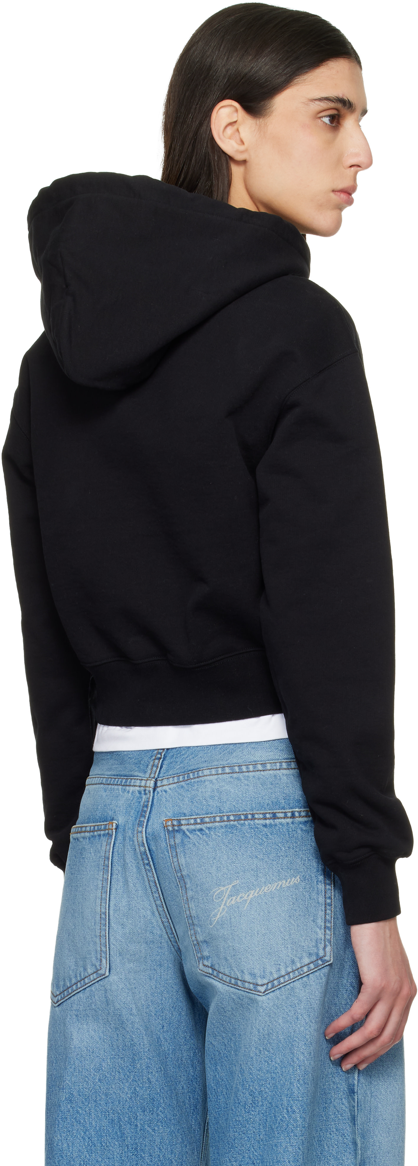 JACQUEMUS - Pull à capuche noir à écusson en gros-grain