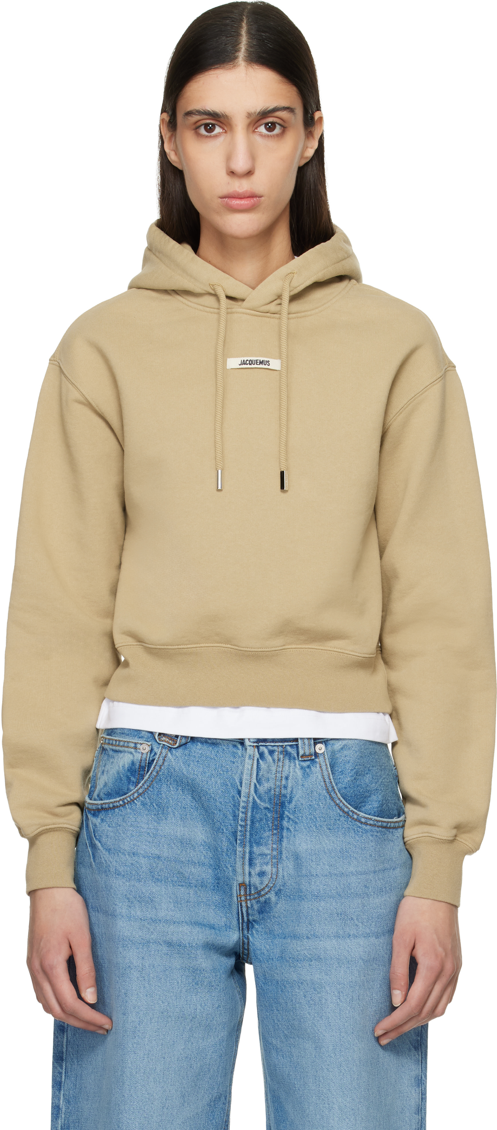 JACQUEMUS - Pull à capuche beige à écusson en gros-grain