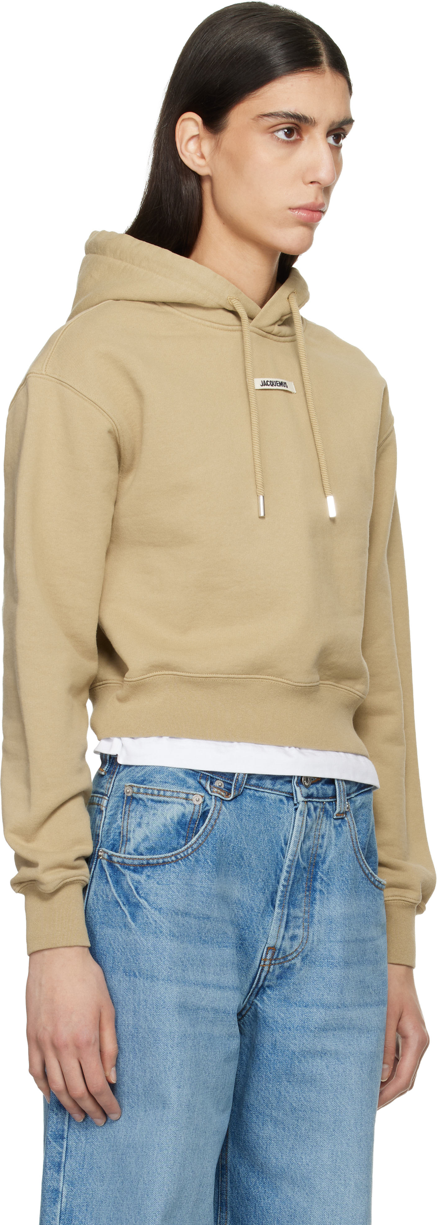 JACQUEMUS - Pull à capuche beige à écusson en gros-grain