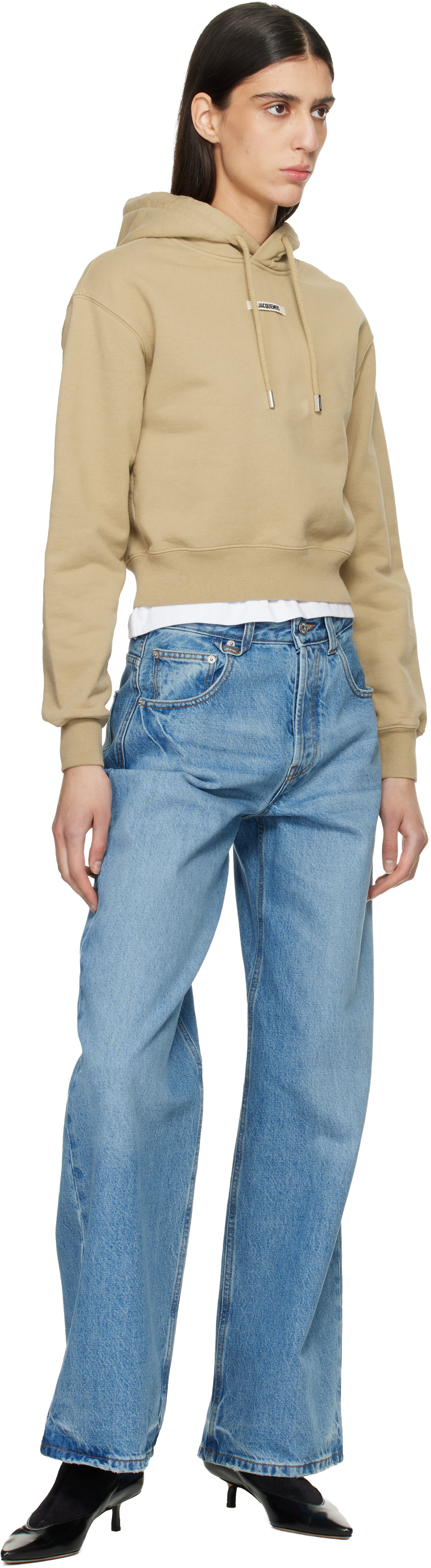 JACQUEMUS - Pull à capuche beige à écusson en gros-grain