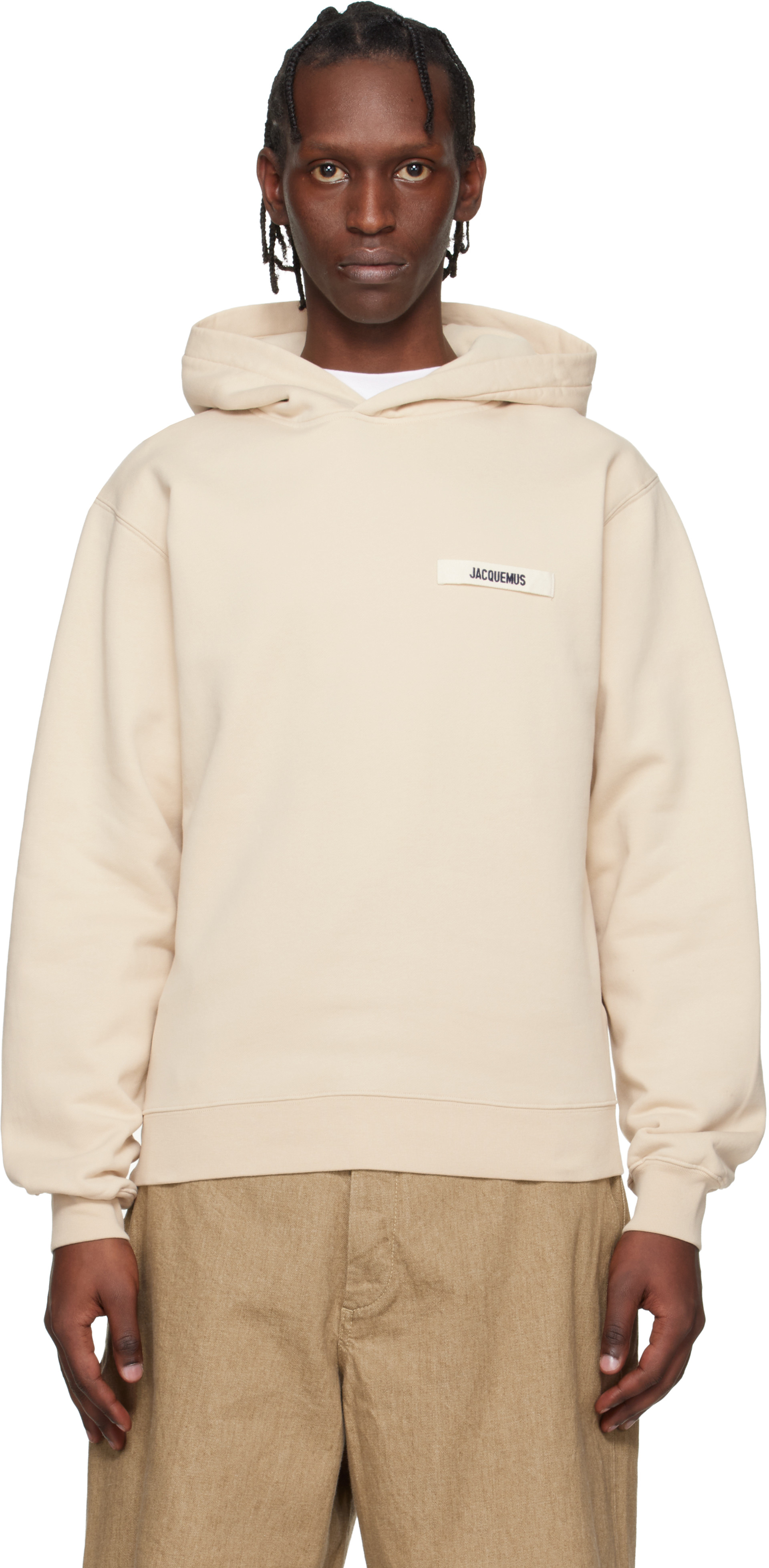 JACQUEMUS - Pull à capuche beige à écusson en gros-grain