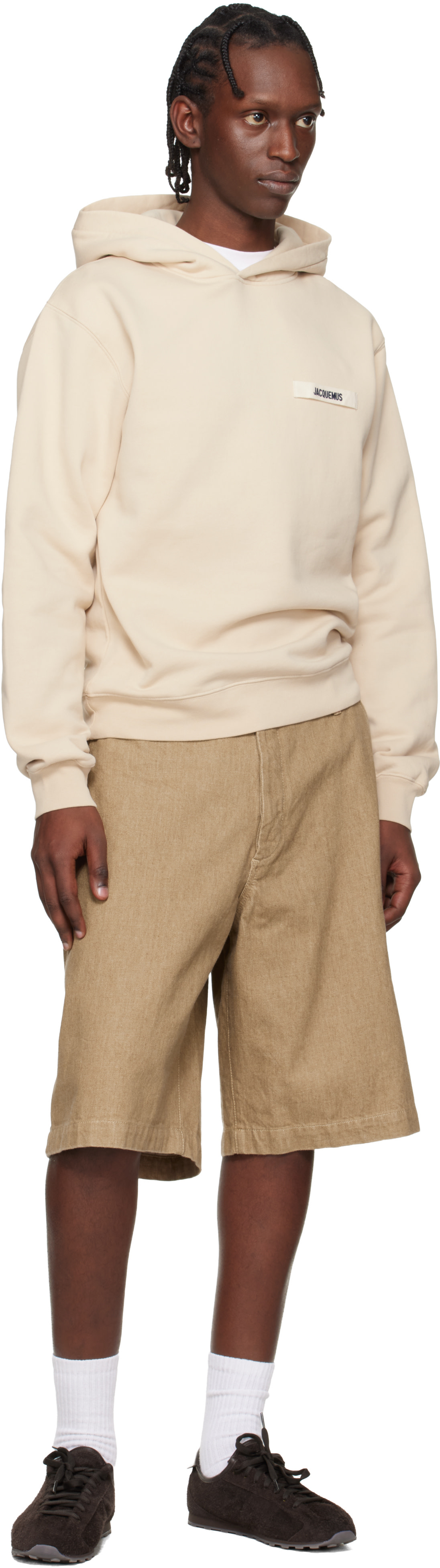 JACQUEMUS - Pull à capuche beige à écusson en gros-grain