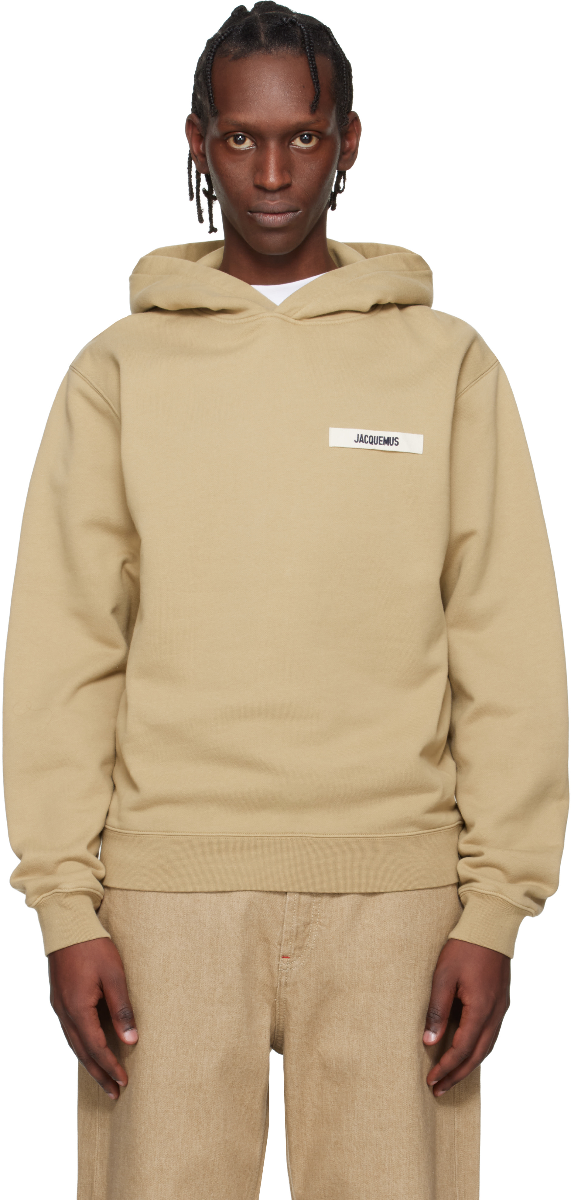 JACQUEMUS - Pull à capuche beige à écusson en gros-grain