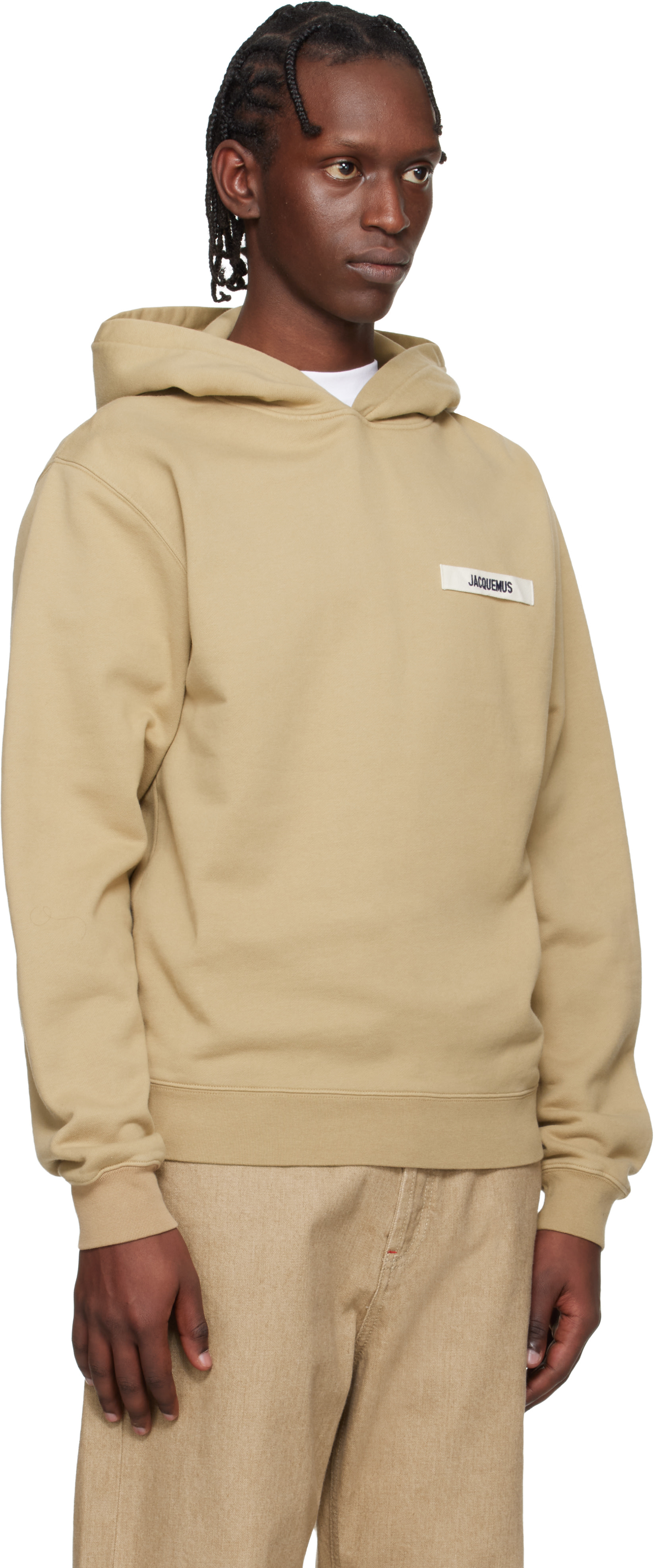 JACQUEMUS - Pull à capuche beige à écusson en gros-grain