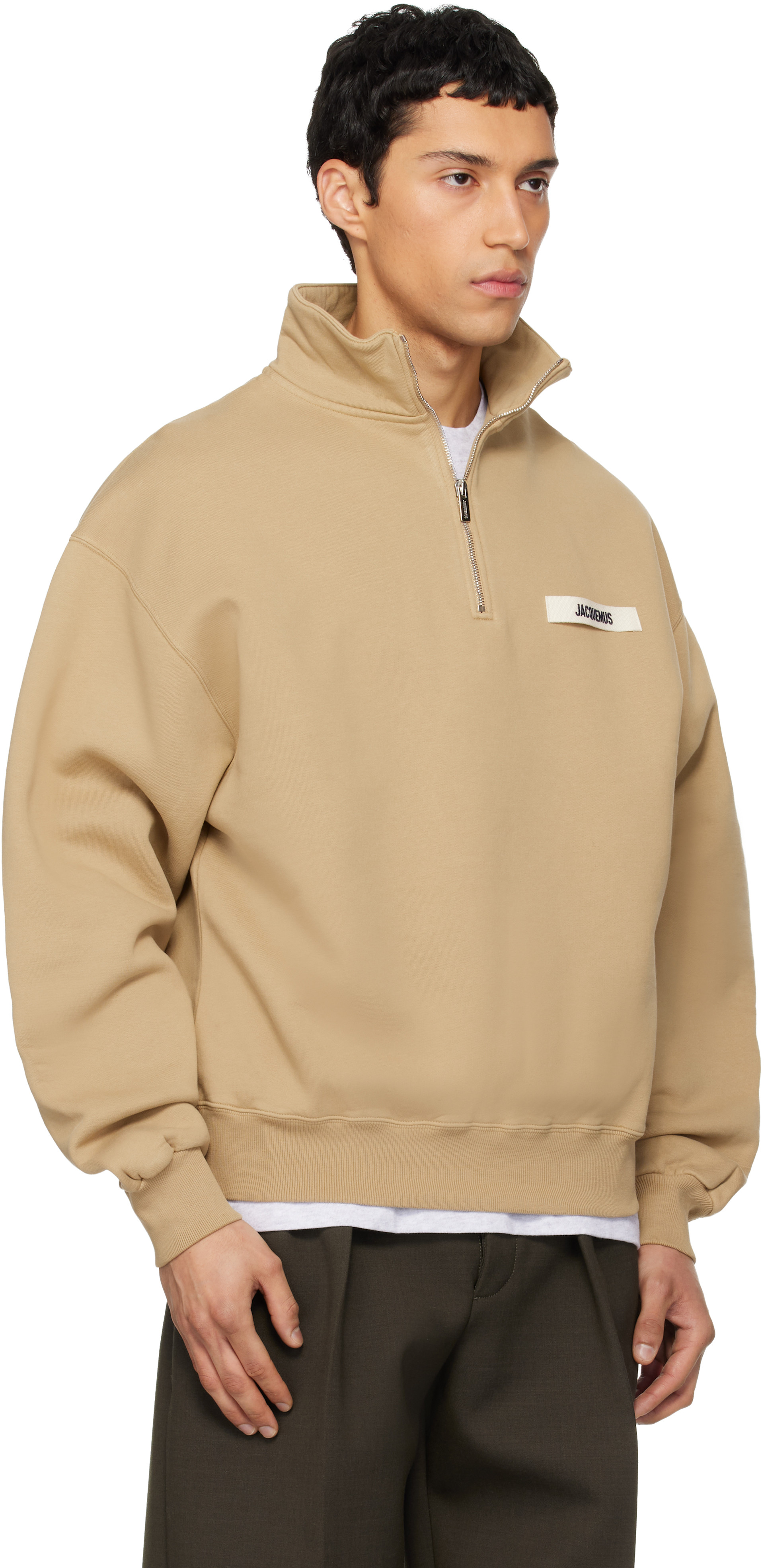 JACQUEMUS: Tan 'The Gros Grain zipped-rollneck' Sweatshirt | SSENSE